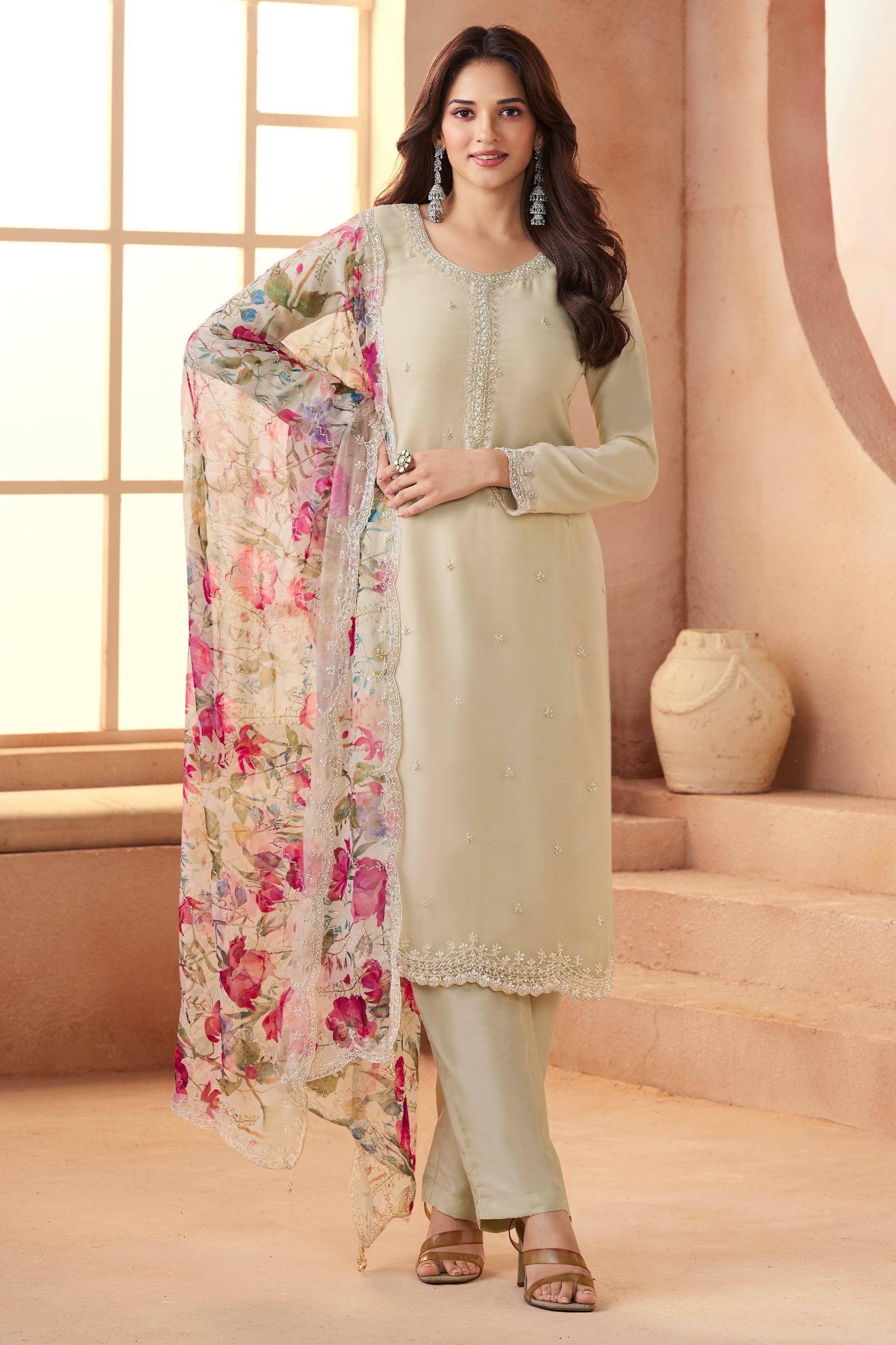 Off White Embroidered Organza Chiffon Suit-SAR11504_1_SareeButa.com