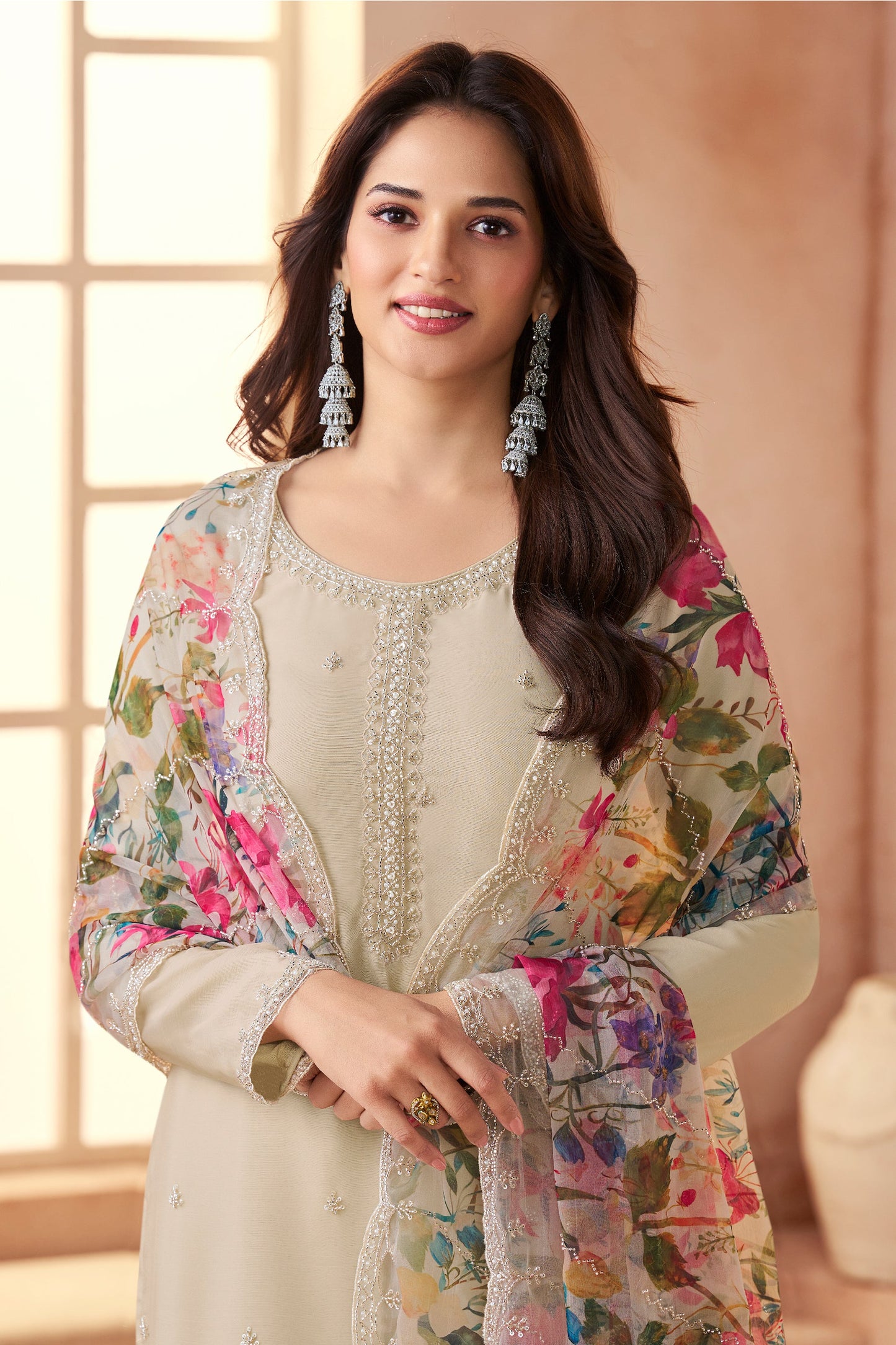 Off White Embroidered Organza Chiffon Suit-SAR11504_2_SareeButa.com