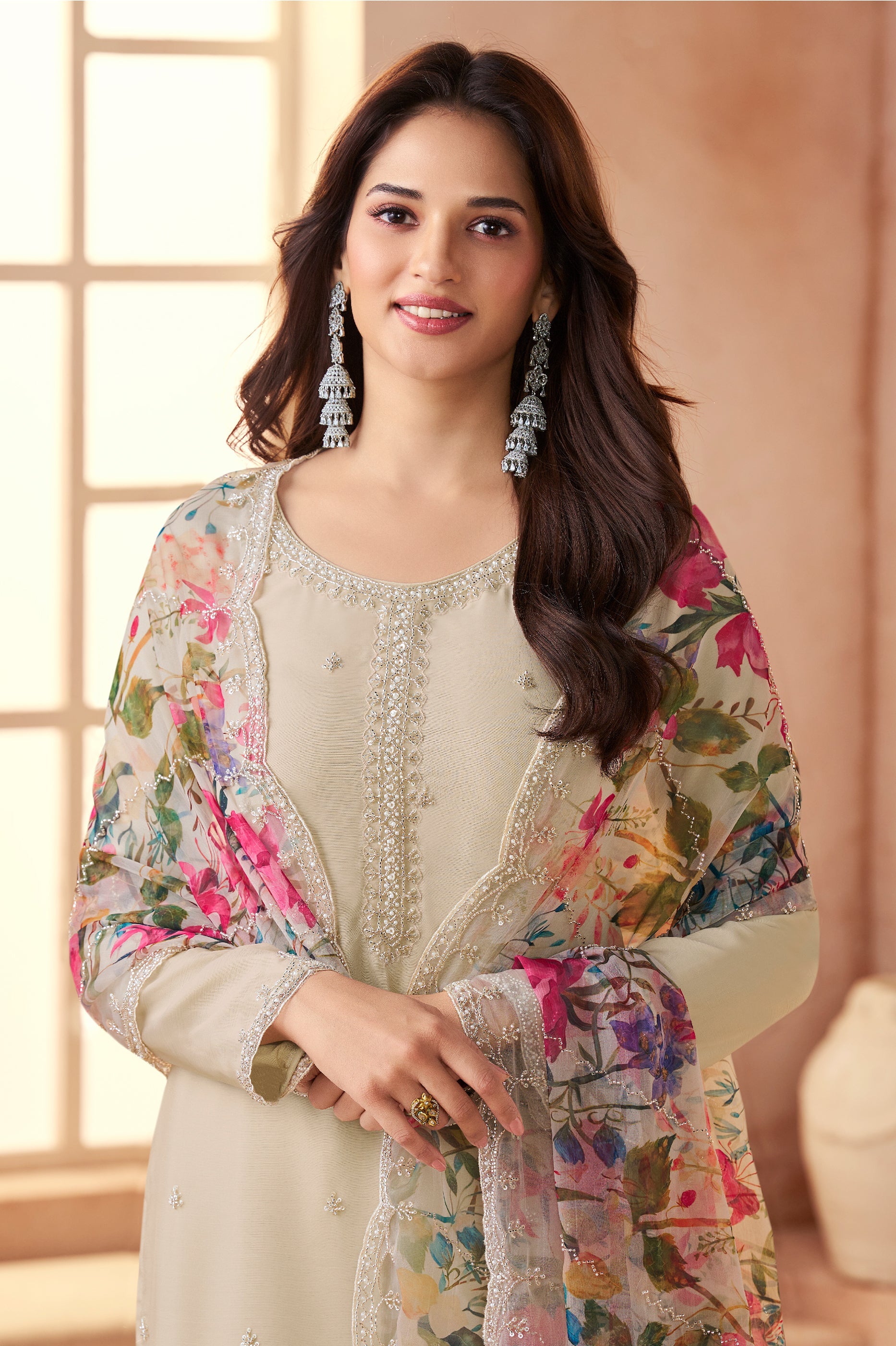 Off White Embroidered Organza Chiffon Suit-SAR11504_2_SareeButa.com