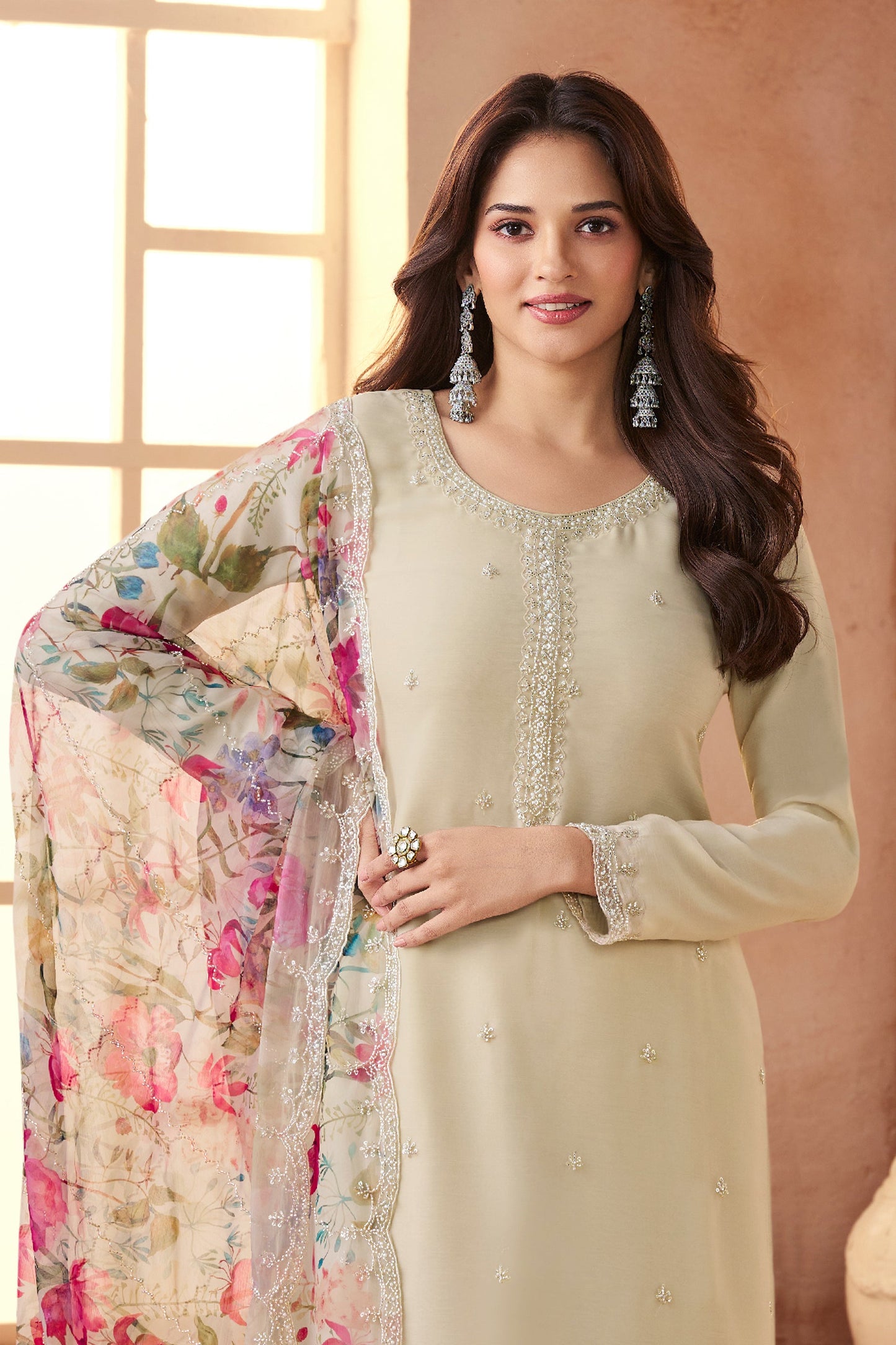 Off White Embroidered Organza Chiffon Suit-SAR11504_3_SareeButa.com