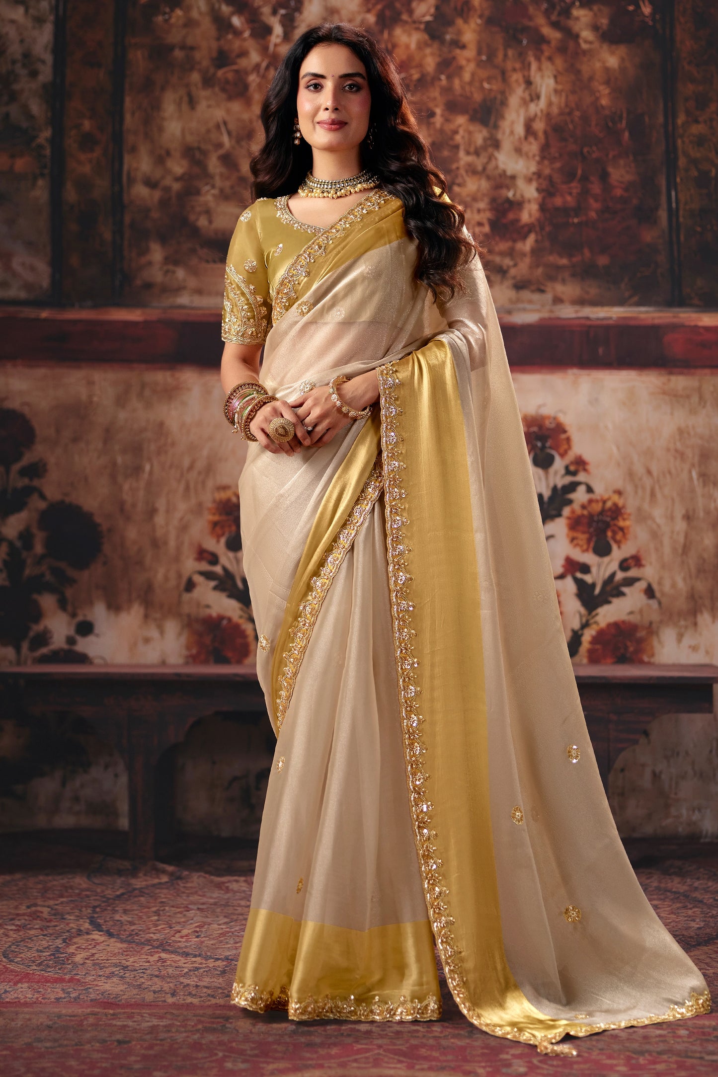 Off White Embroidered Satin Saree-SAR13204_1_SareeButa.com