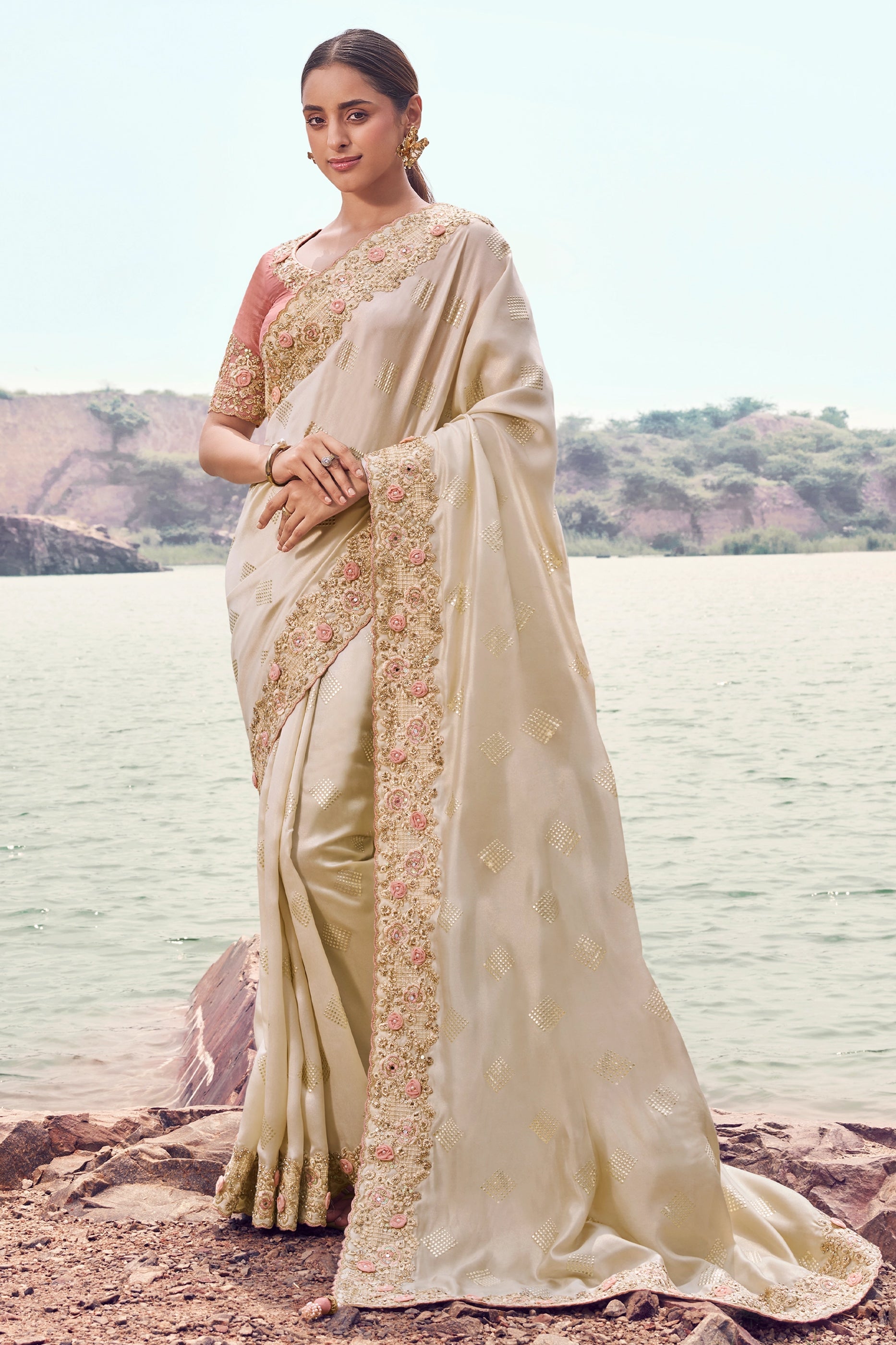 Off White Embroidered Satin Silk Saree-SAR11010_1_SareeButa.com