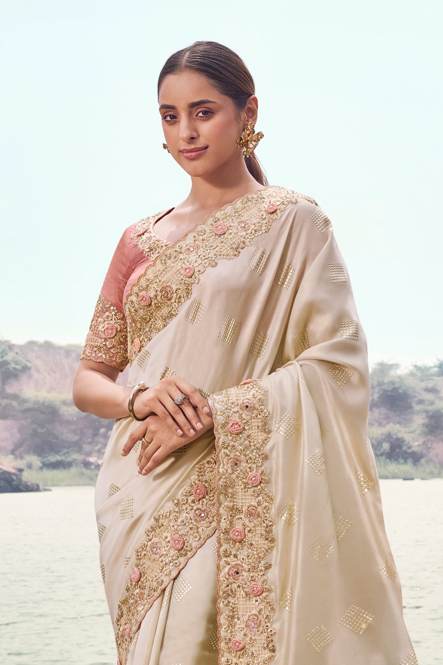Off White Embroidered Satin Silk Saree-SAR11010_3_SareeButa.com