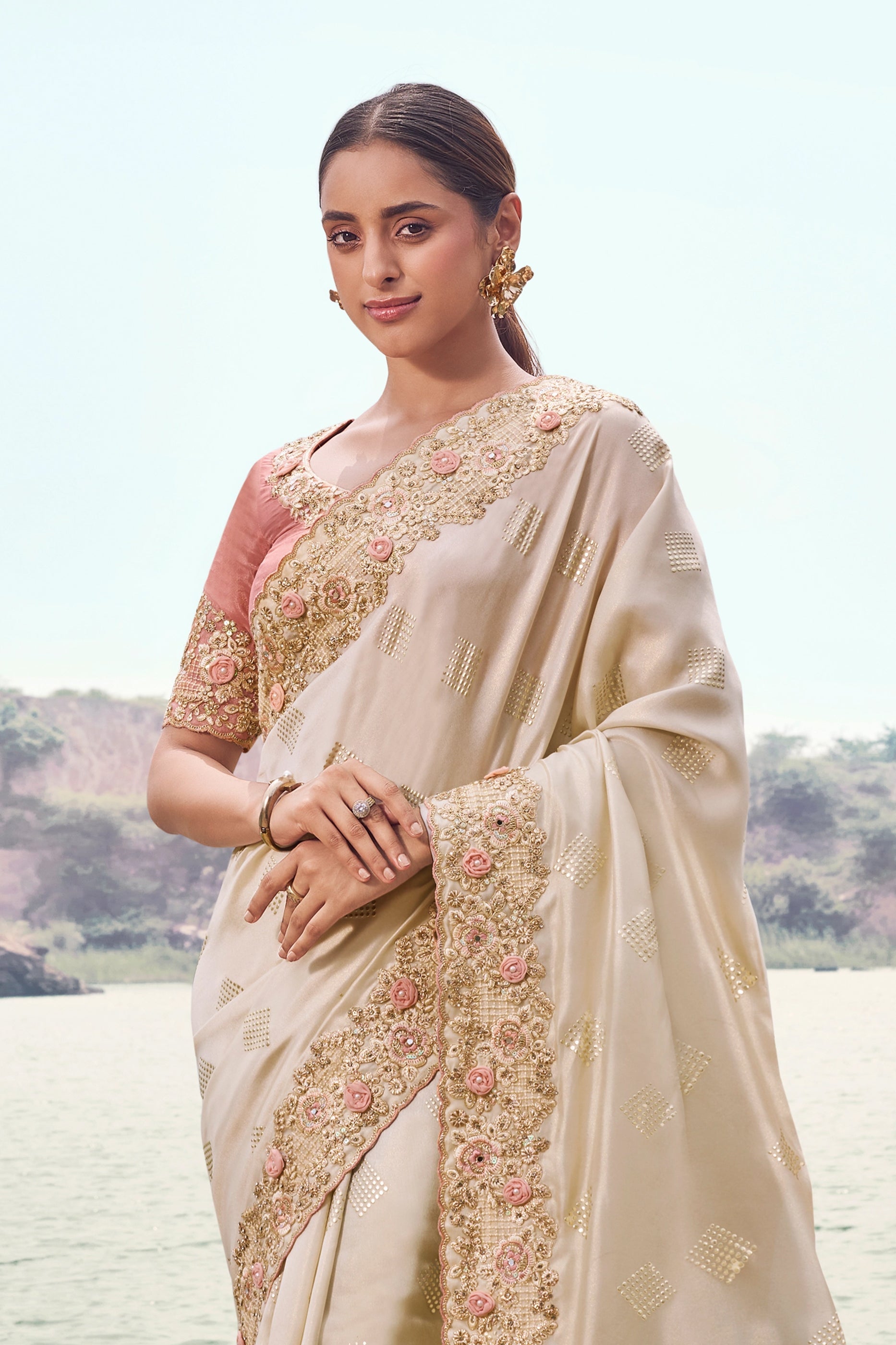 Off White Embroidered Satin Silk Saree-SAR11010_3_SareeButa.com