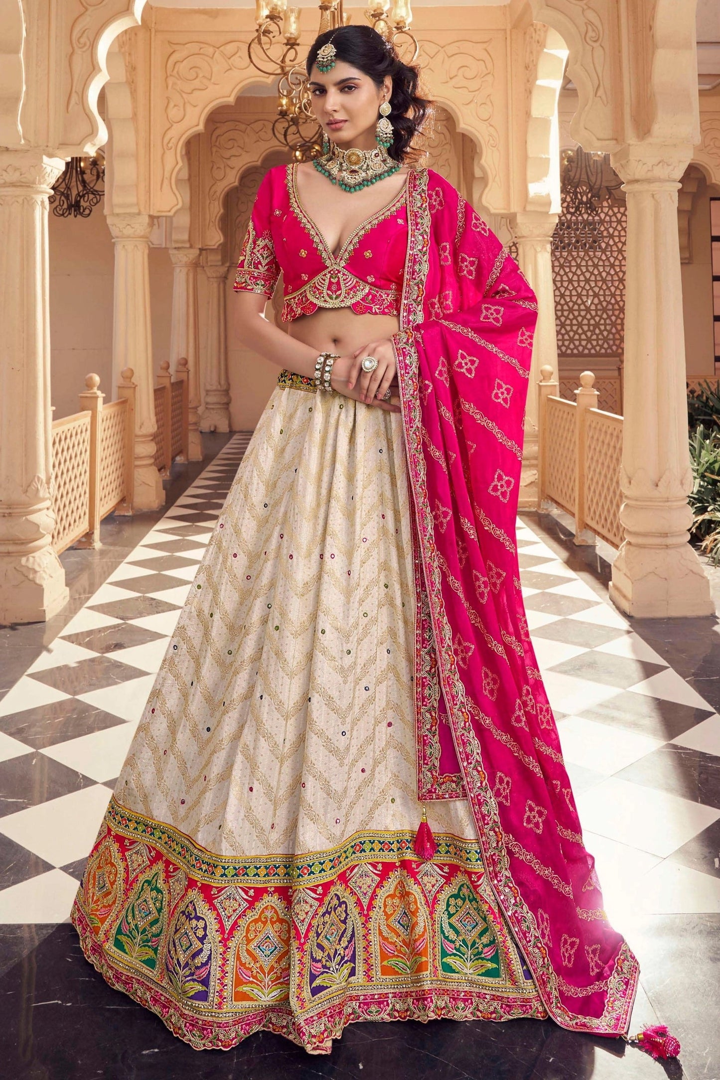 Off White Embroidered Semi-Stitched Viscose Silk Lehenga-SAR10346_1_SareeButa.com