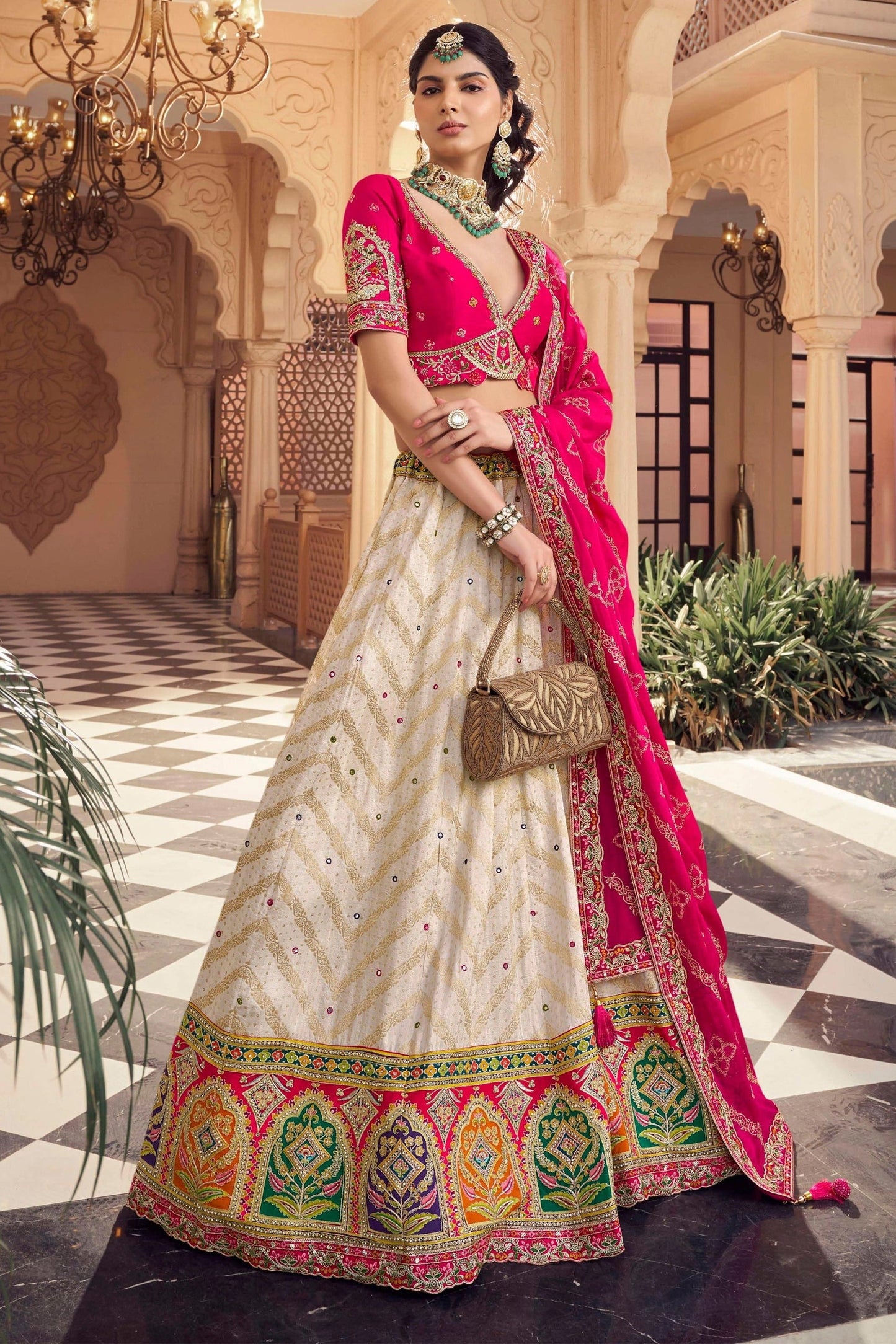 Off White Embroidered Semi-Stitched Viscose Silk Lehenga-SAR10346_4_SareeButa.com