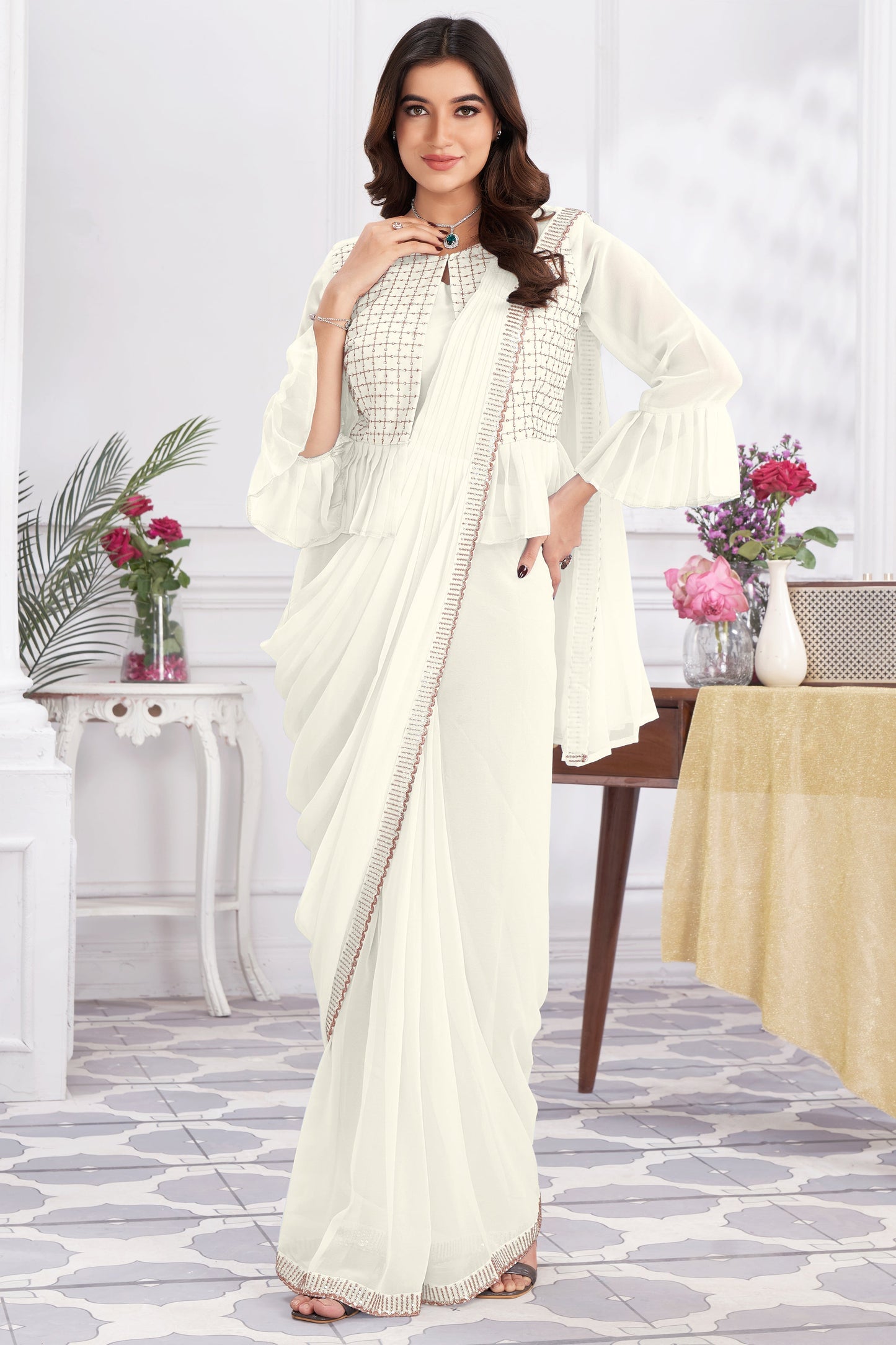 Off White Georgette Readymade Saree With Stitched Blouse-ZB133677_1_SareeButa.com