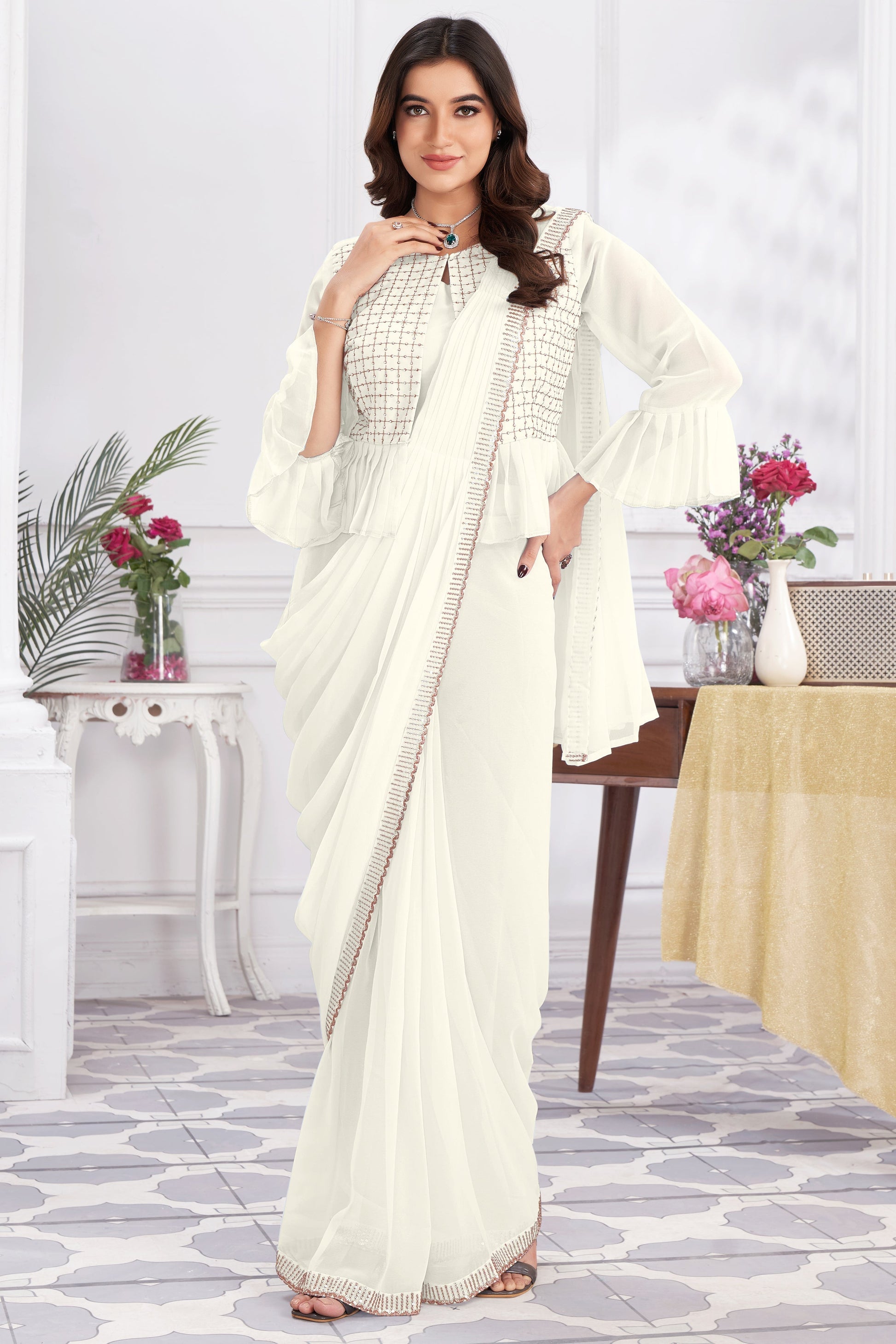 Off White Georgette Readymade Saree With Stitched Blouse-ZB133677_1_SareeButa.com