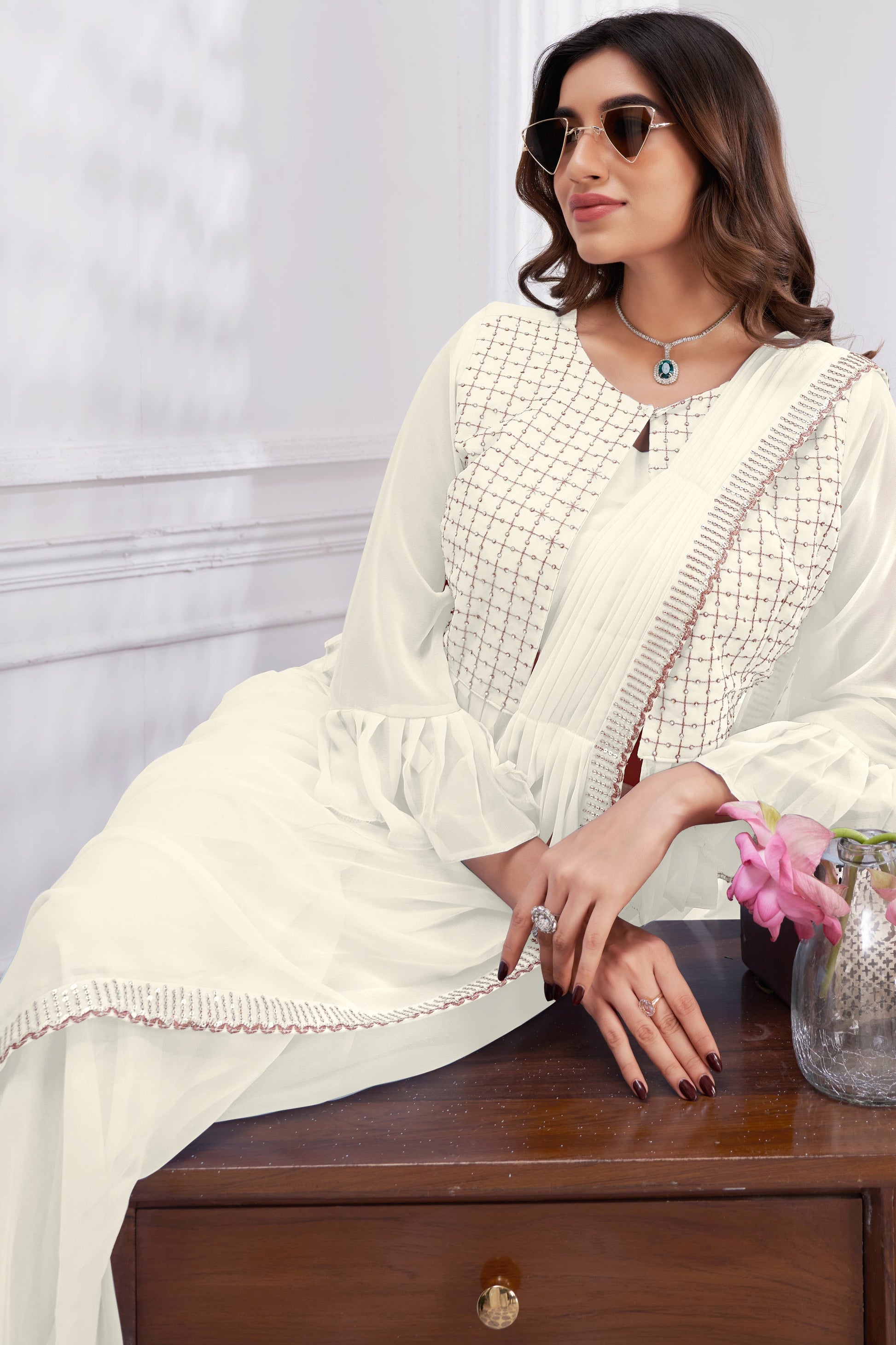 Off White Georgette Readymade Saree With Stitched Blouse-ZB133677_3_SareeButa.com