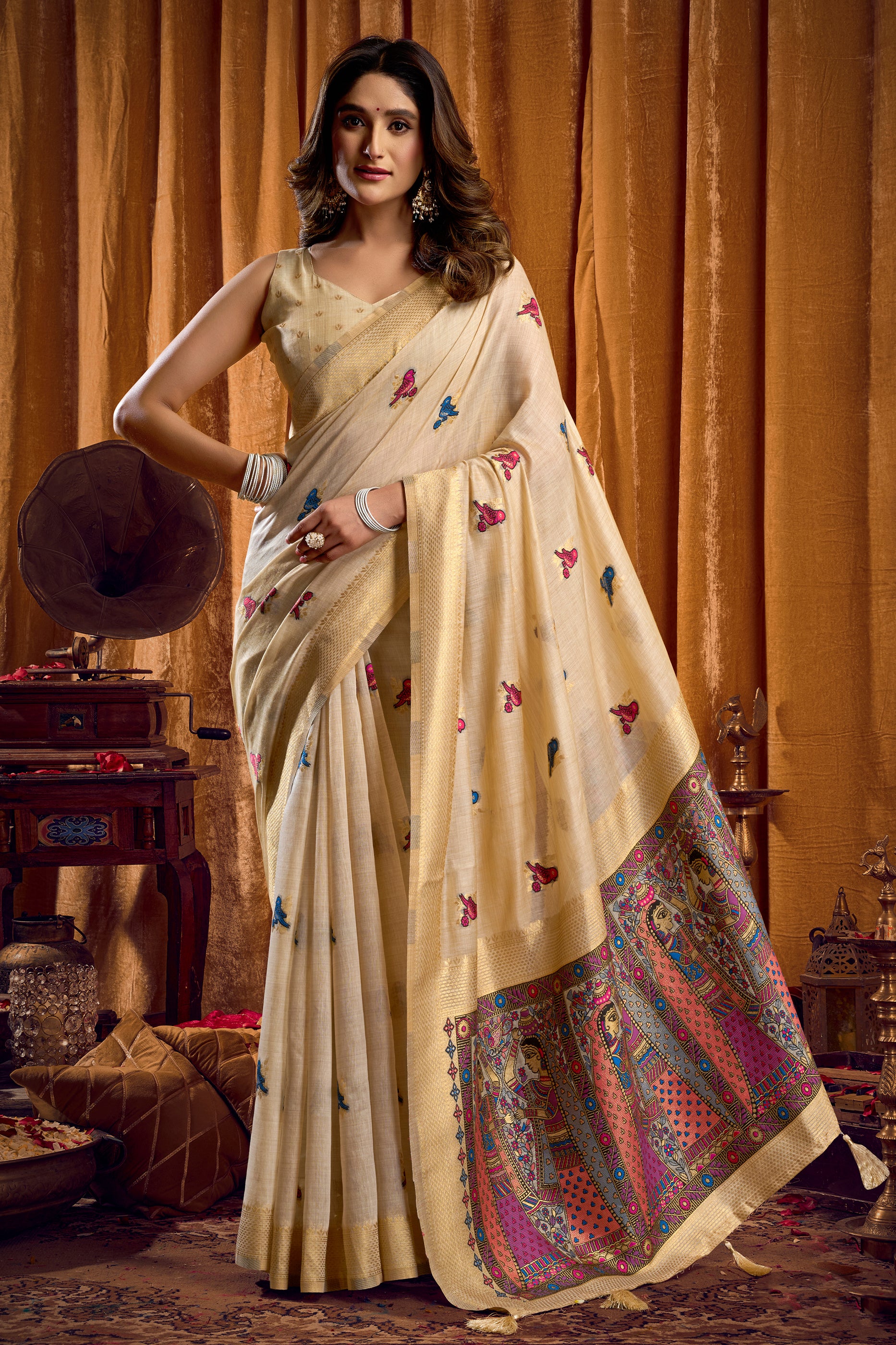 Off White Katha Work Khadi Cotton Saree-SAR12660_1_SareeButa.com