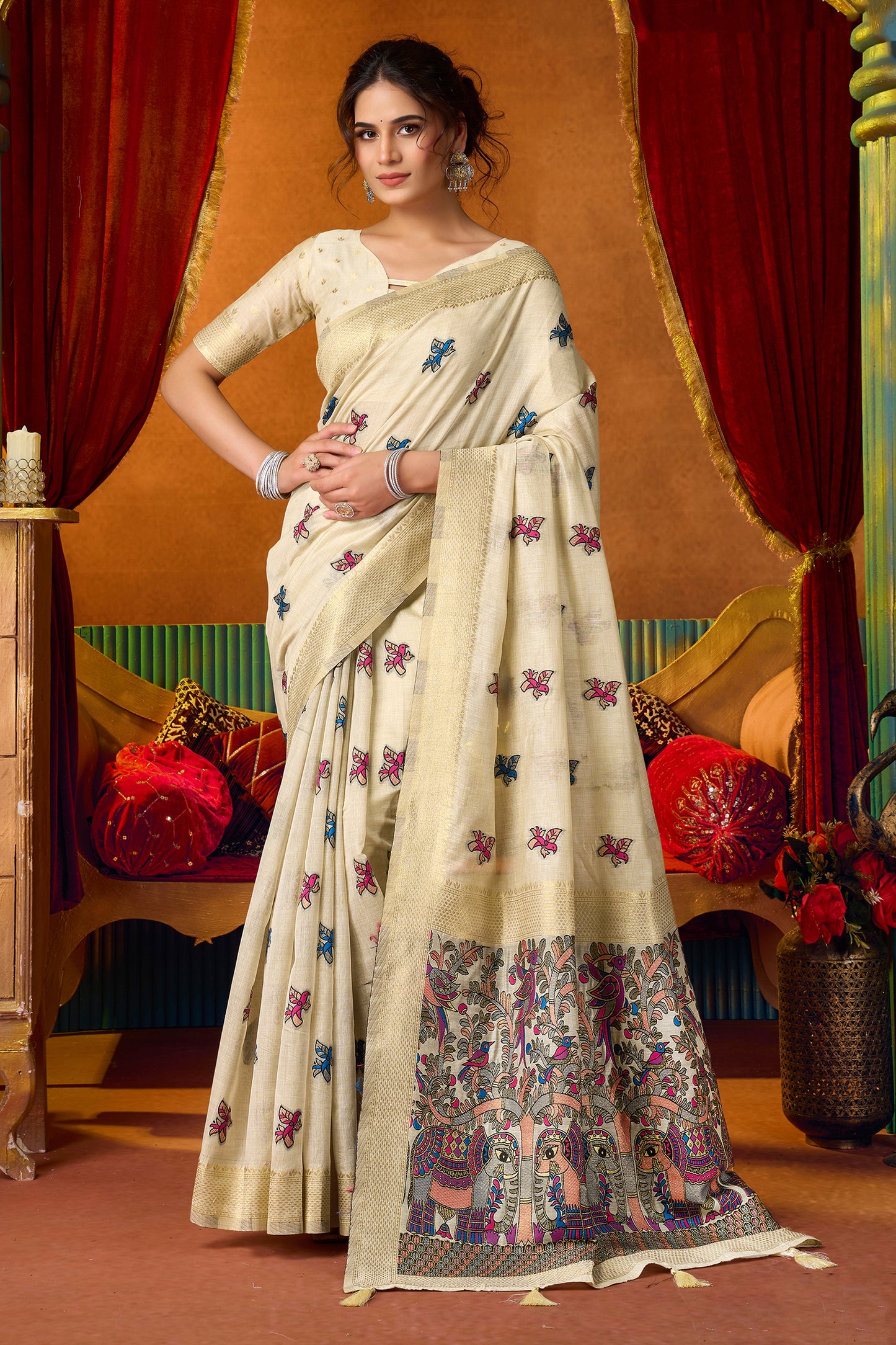Off White Katha Work Khadi Cotton Saree-SAR12690_1_SareeButa.com