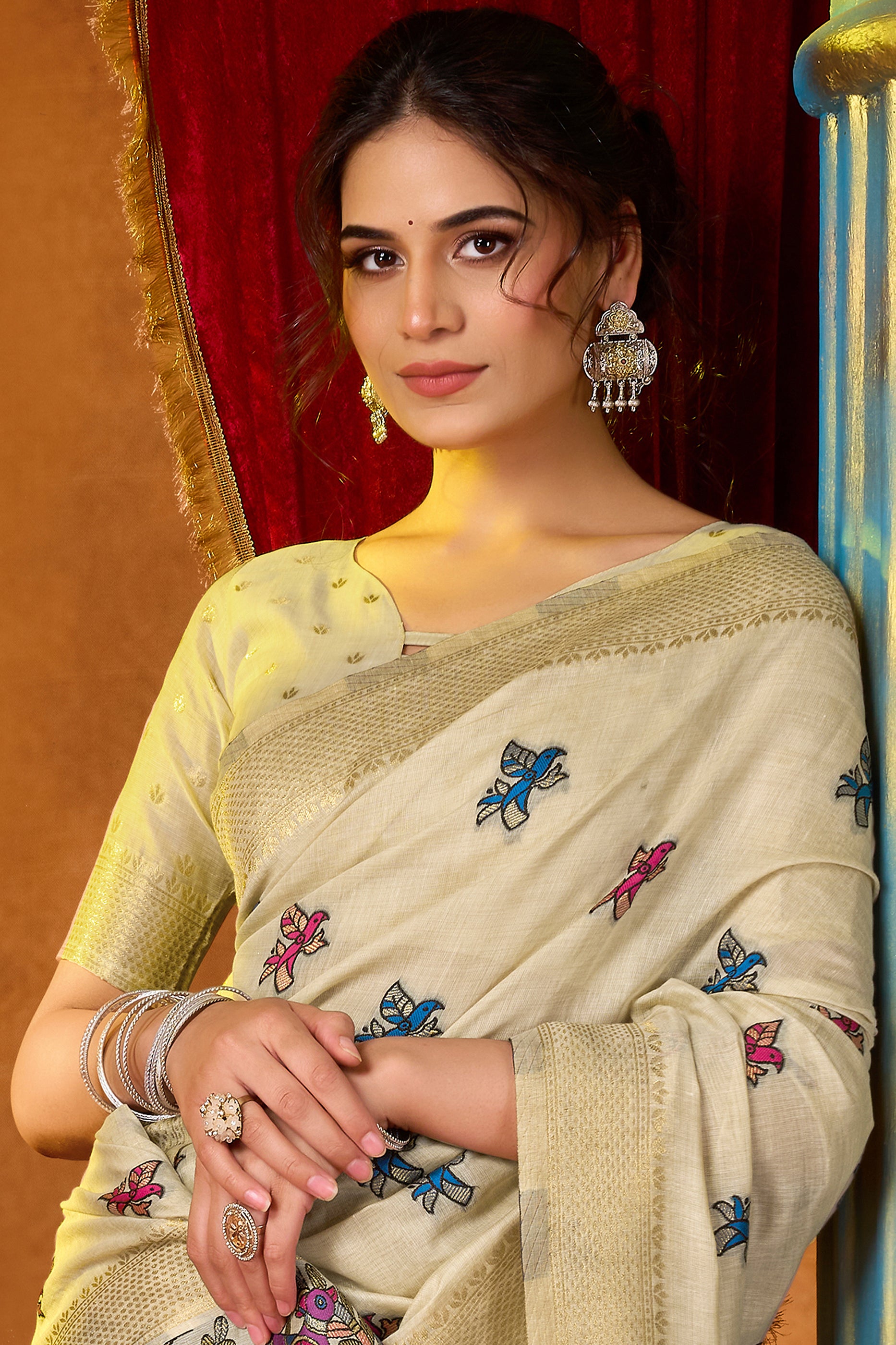 Off White Katha Work Khadi Cotton Saree-SAR12690_2_SareeButa.com