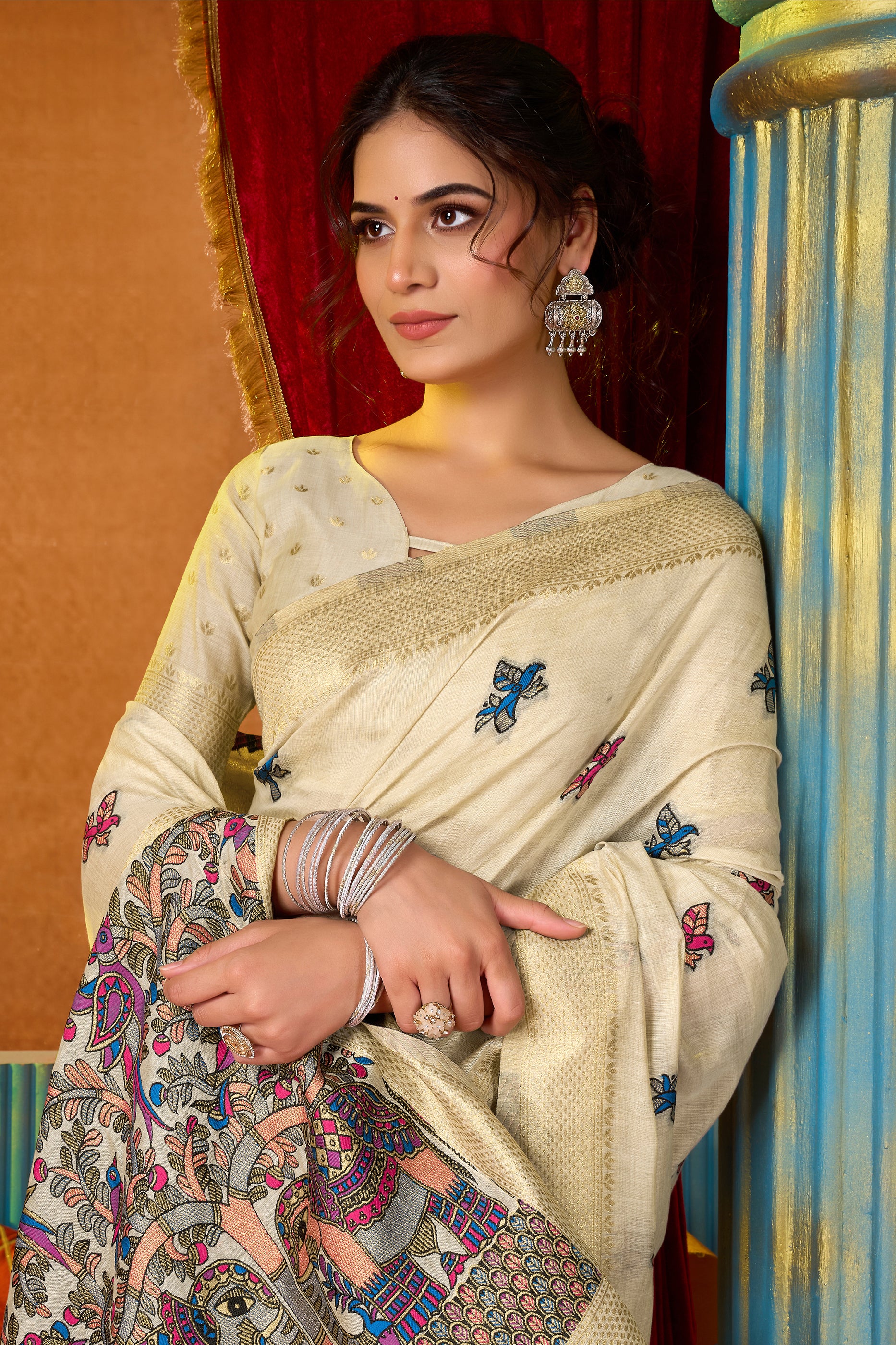 Off White Katha Work Khadi Cotton Saree-SAR12690_3_SareeButa.com