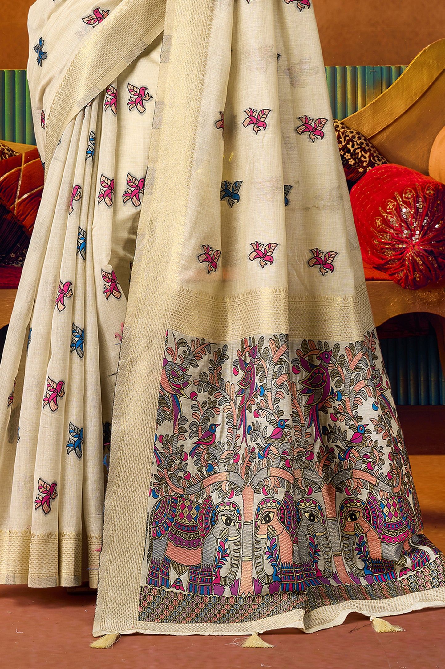 Off White Katha Work Khadi Cotton Saree-SAR12690_5_SareeButa.com