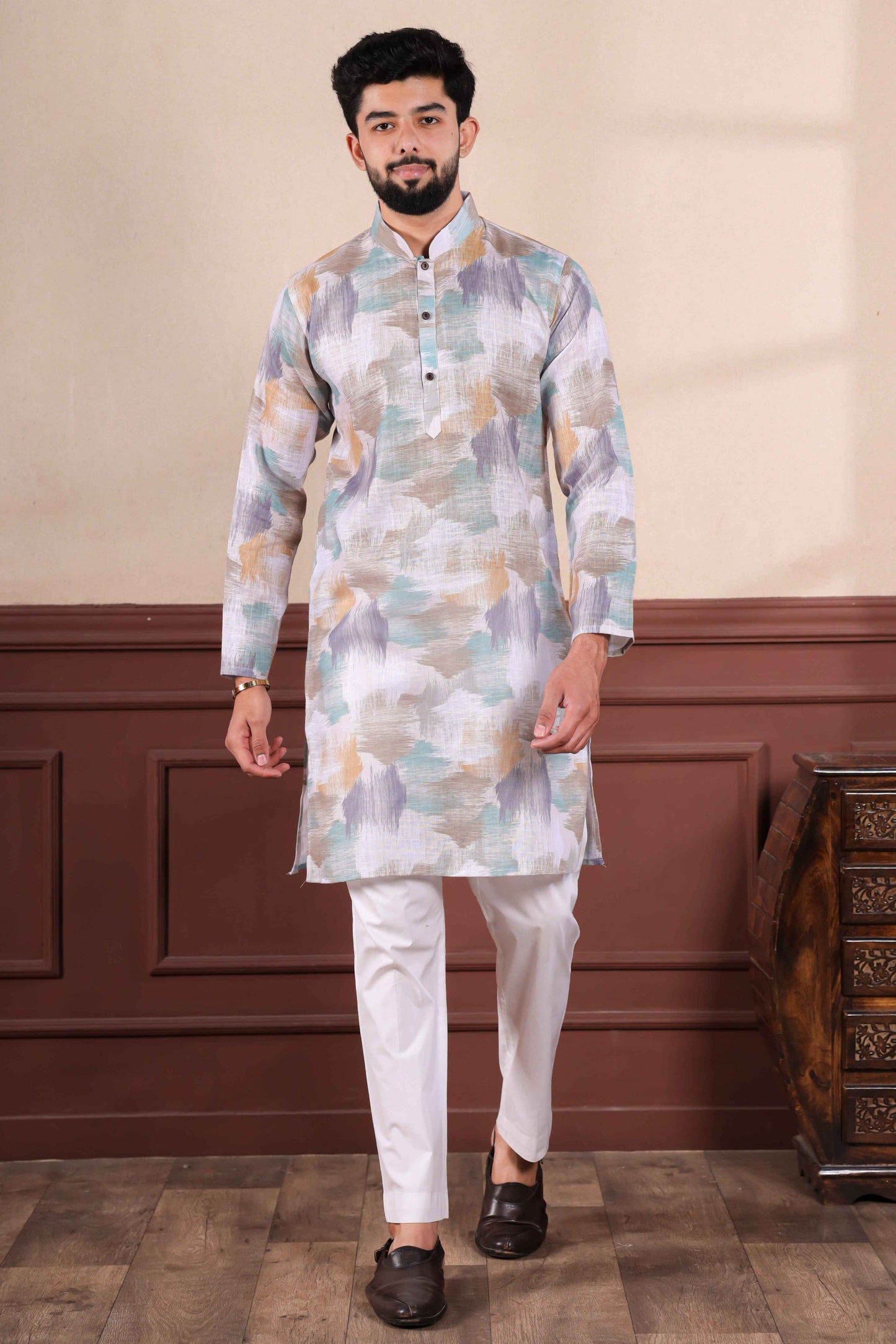 Off White Printed Linen Kurta Pajama-MW65_1_SareeButa.com