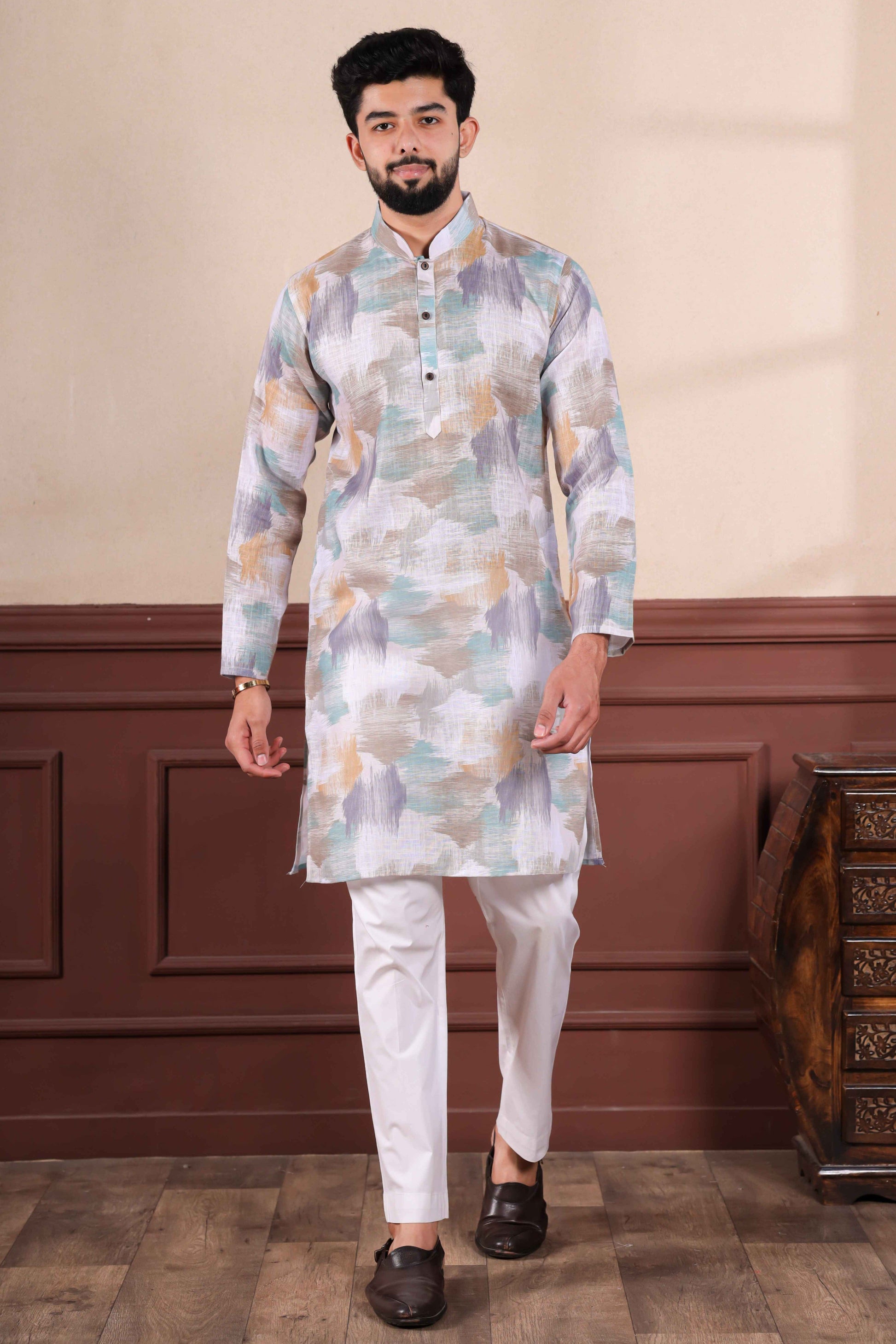Off White Printed Linen Kurta Pajama-MW65_1_SareeButa.com