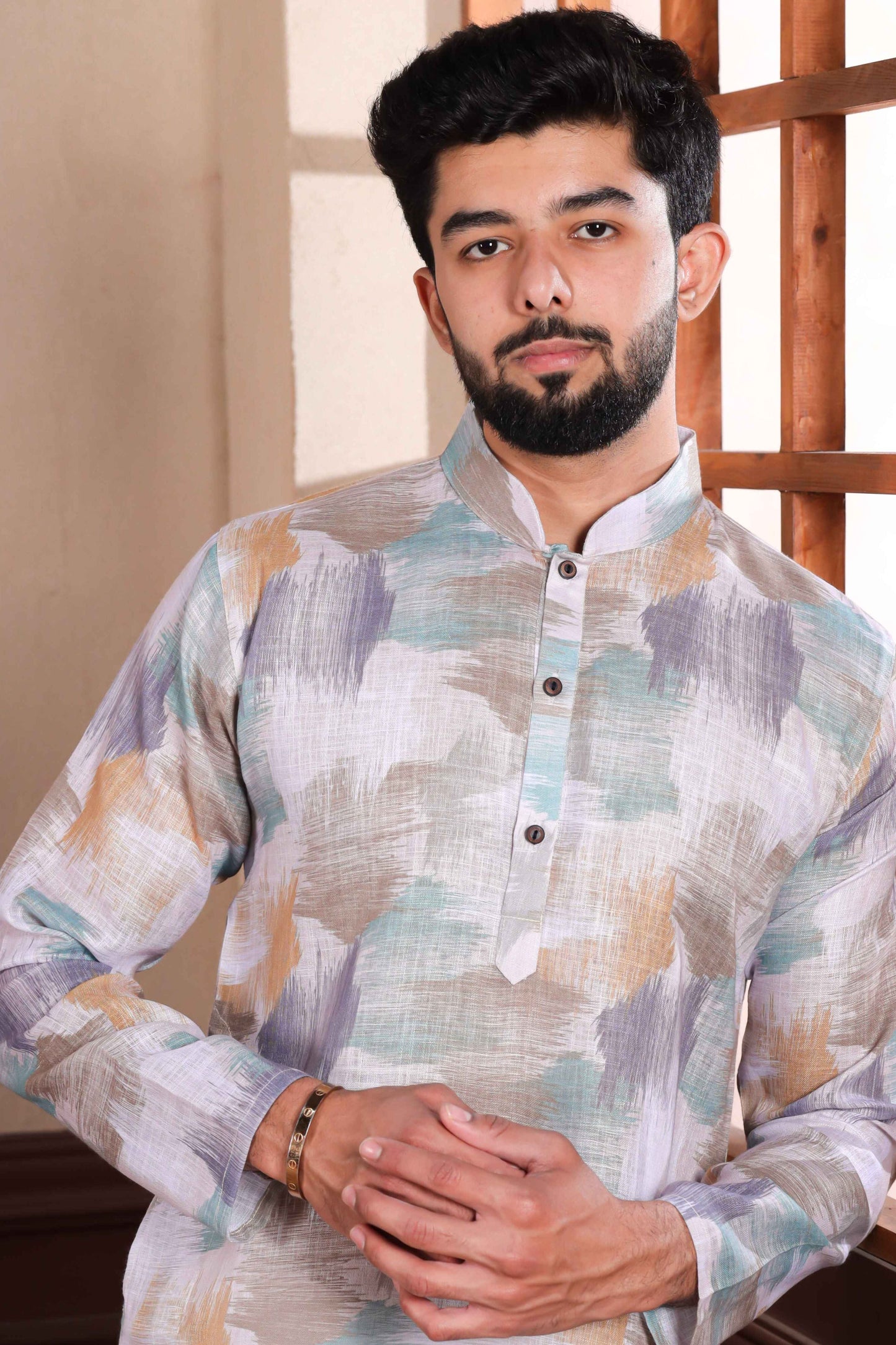 Off White Printed Linen Kurta Pajama-MW65_2_SareeButa.com