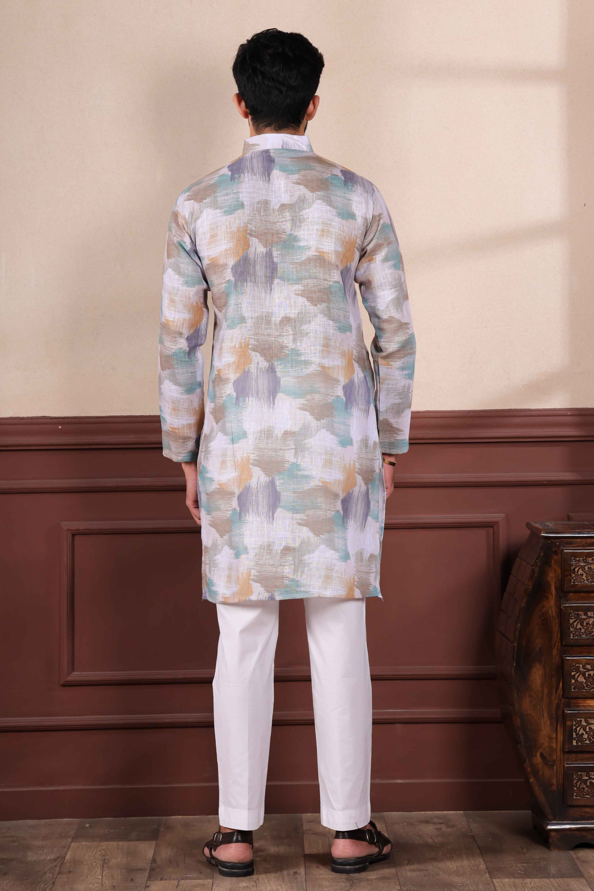 Off White Printed Linen Kurta Pajama-MW65_3_SareeButa.com
