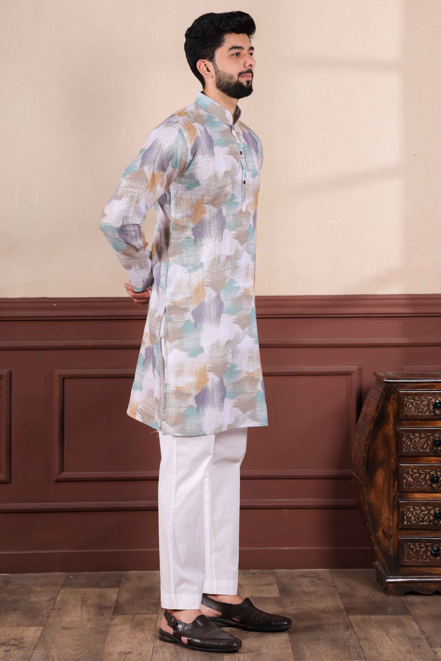Off White Printed Linen Kurta Pajama-MW65_4_SareeButa.com