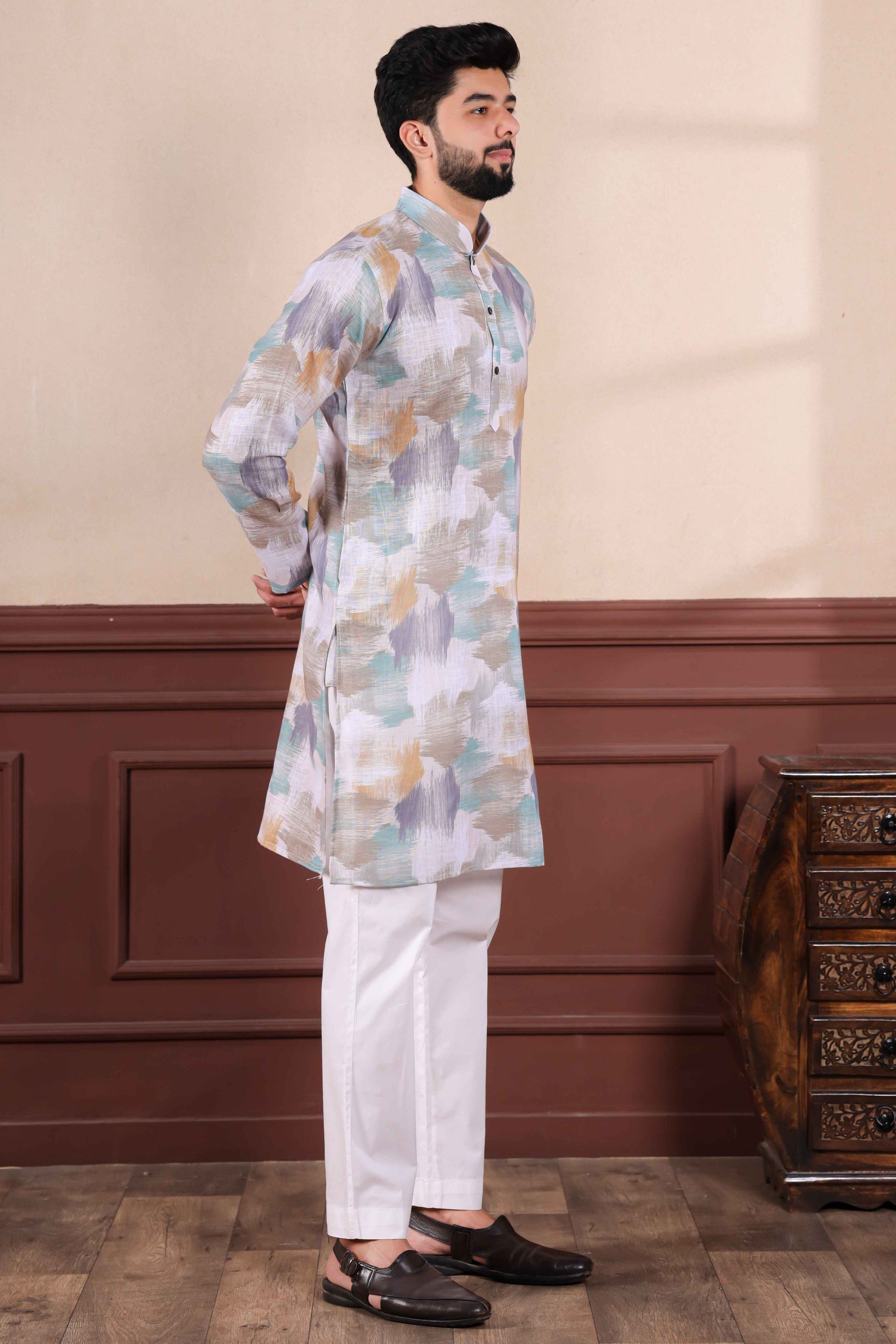 Off White Printed Linen Kurta Pajama-MW65_4_SareeButa.com