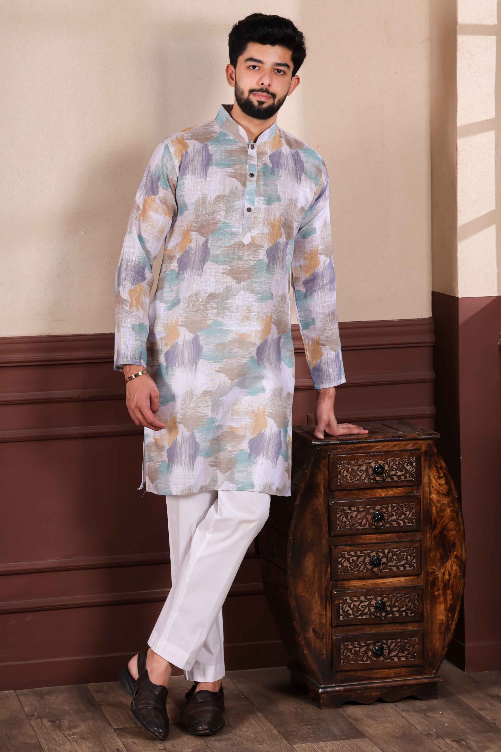 Off White Printed Linen Kurta Pajama-MW65_5_SareeButa.com