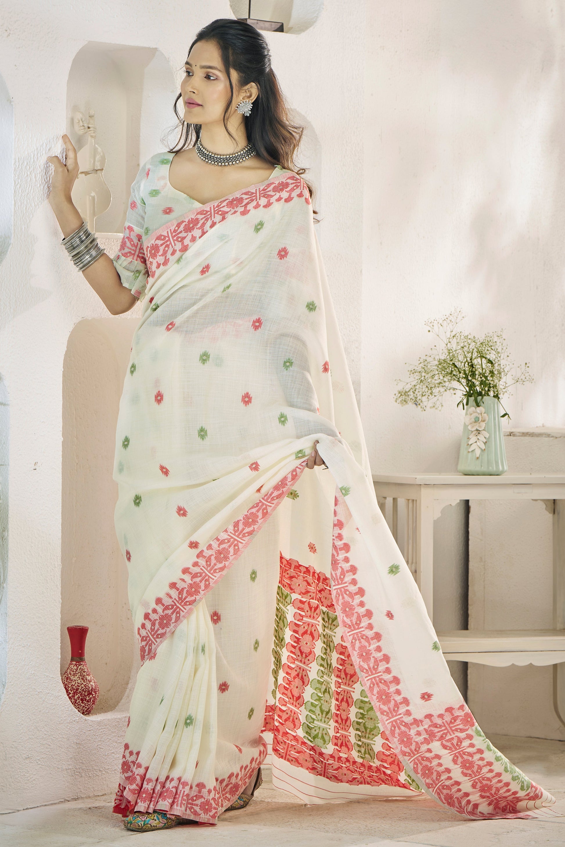 Off White Printed Linen Silk Saree-ZB134721_3_SareeButa.com
