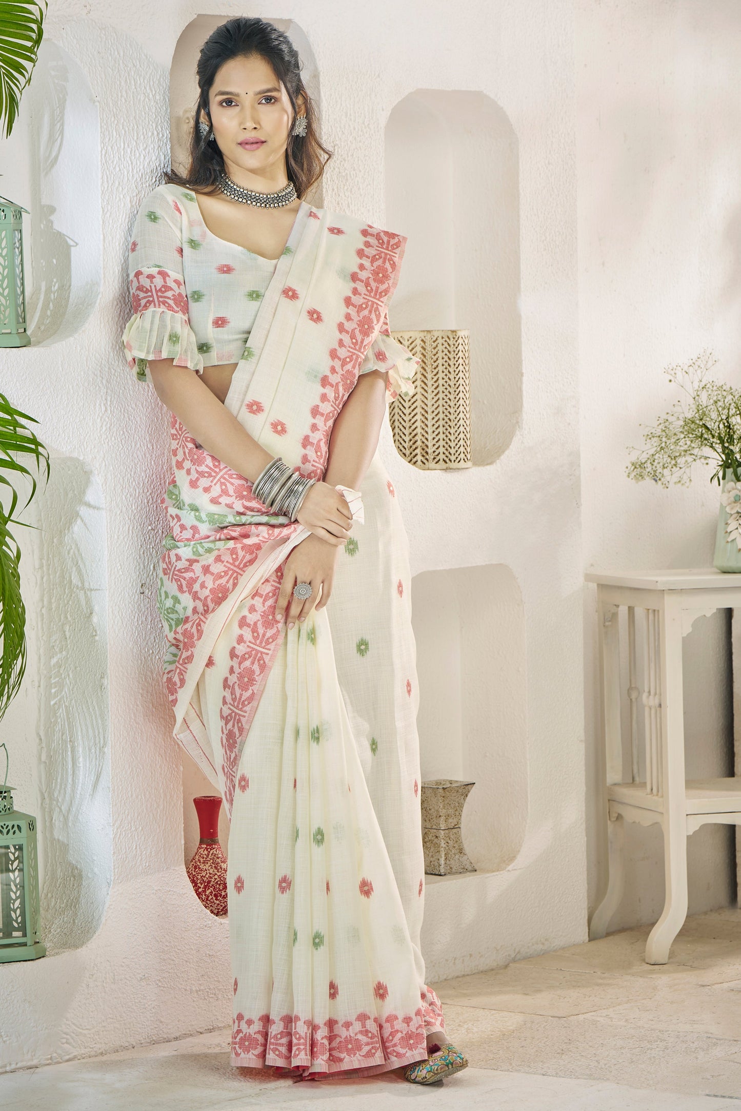 Off White Printed Linen Silk Saree-ZB134721_4_SareeButa.com