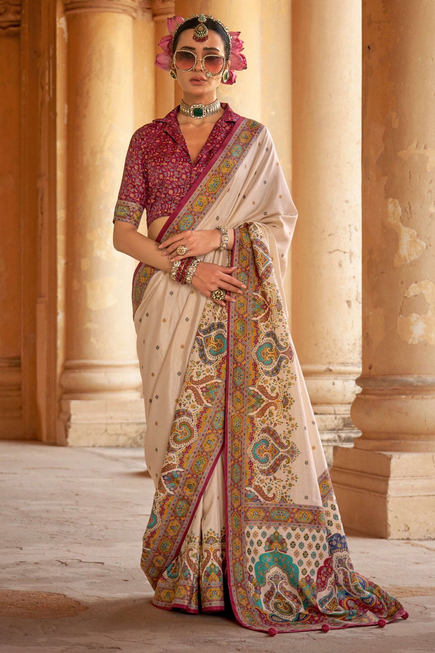 Off White Printed Viscose Silk Saree-SAR10125_1_SareeButa.com