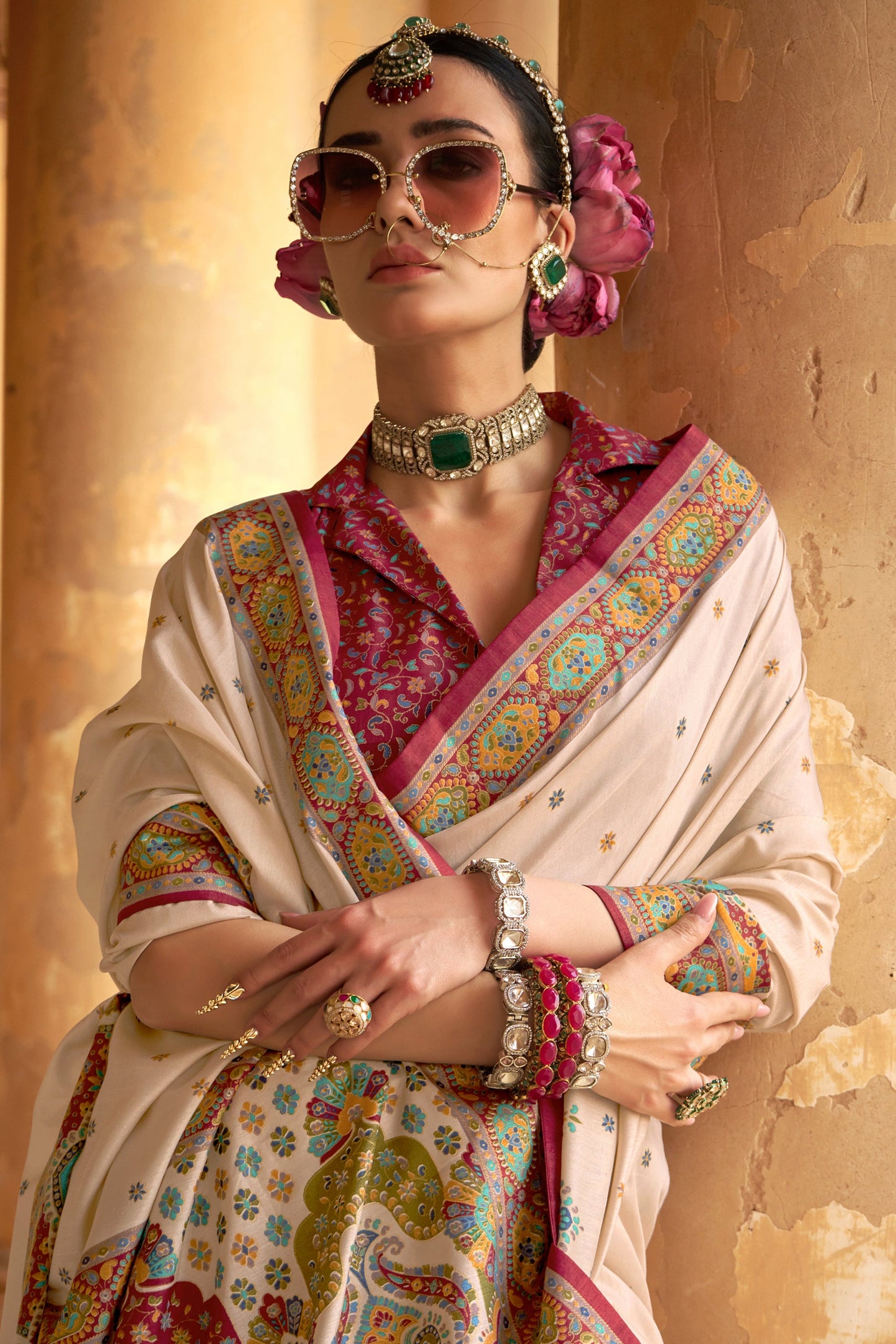 Off White Printed Viscose Silk Saree-SAR10125_2_SareeButa.com