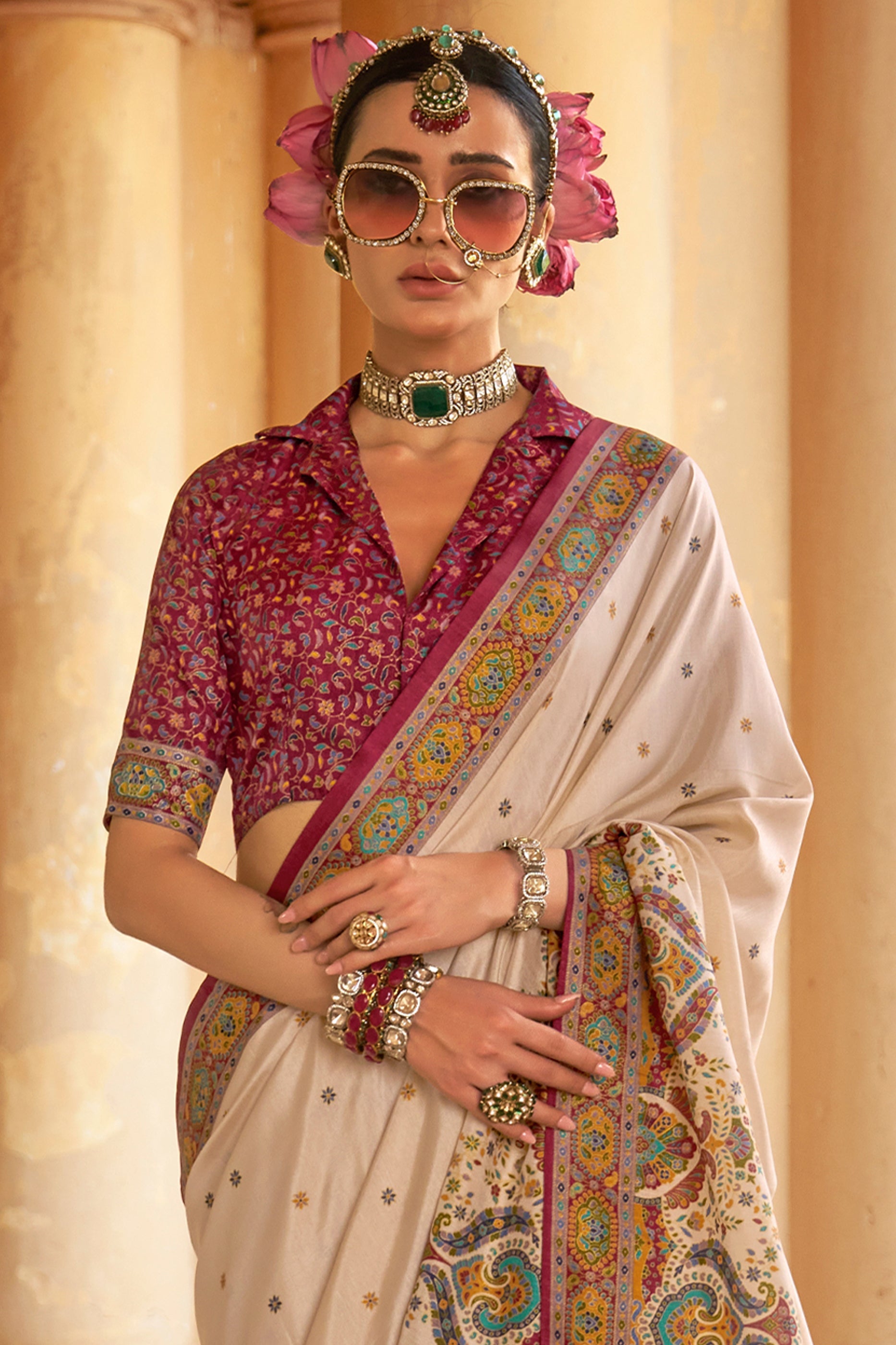 Off White Printed Viscose Silk Saree-SAR10125_3_SareeButa.com