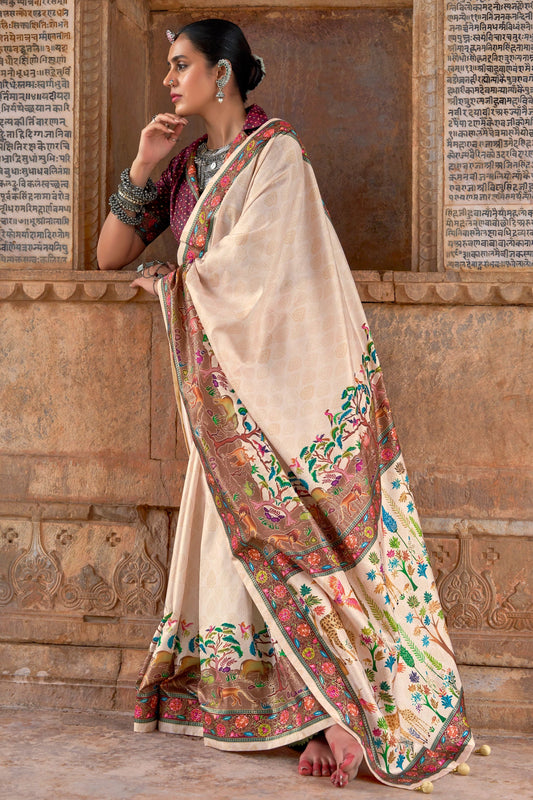 Off White Printed Viscose Silk Saree-SAR10410_1_SareeButa.com