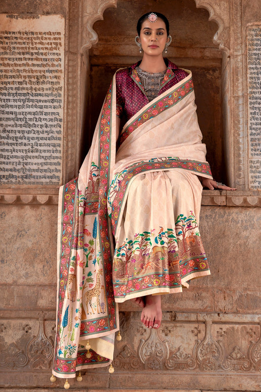 Off White Printed Viscose Silk Saree-SAR10410_2_SareeButa.com