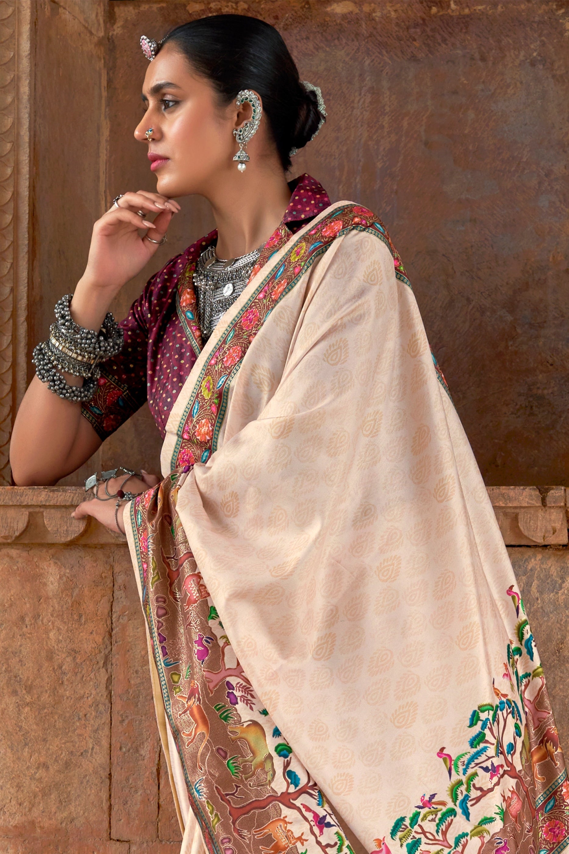 Off White Printed Viscose Silk Saree-SAR10410_3_SareeButa.com