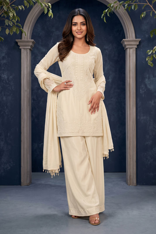 Off White Readymade Bead Work Chinon Palazzo Suit-SAR13040_1_SareeButa.com