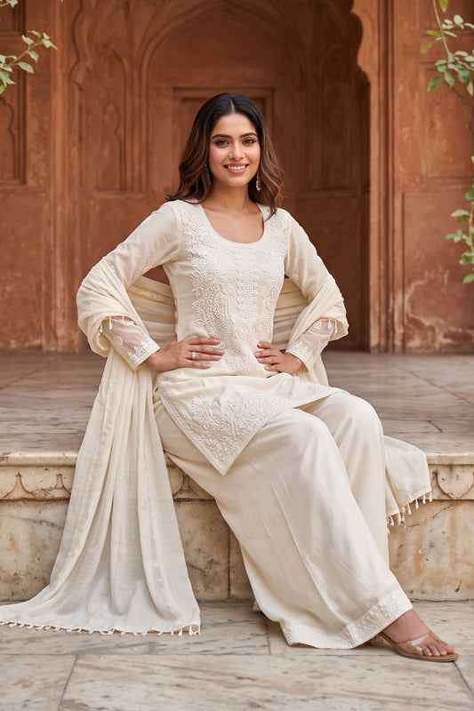 Off White Readymade Bead Work Chinon Palazzo Suit-SAR13040_2_SareeButa.com