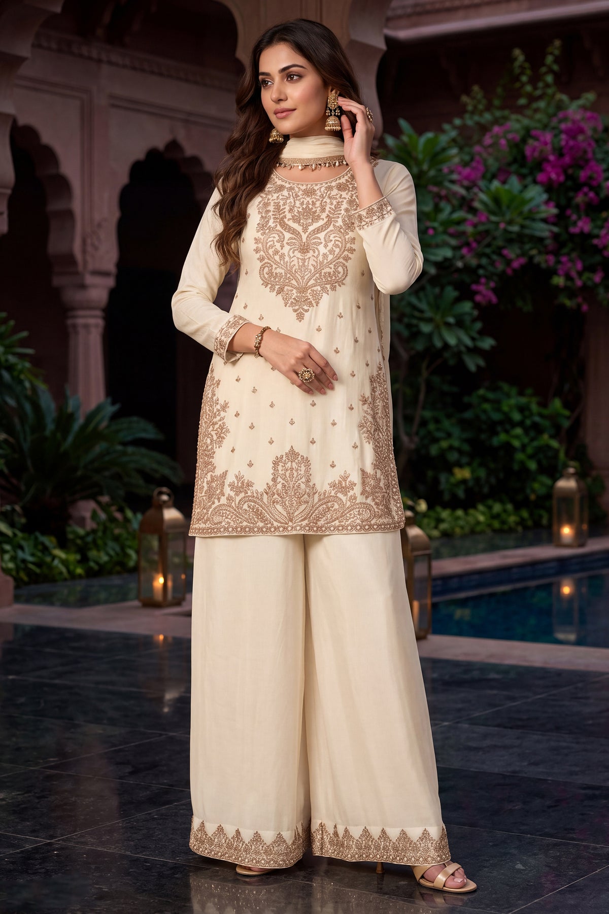 Off White Readymade Bead Work Chinon Palazzo Suit-SAR13346_1_SareeButa.com