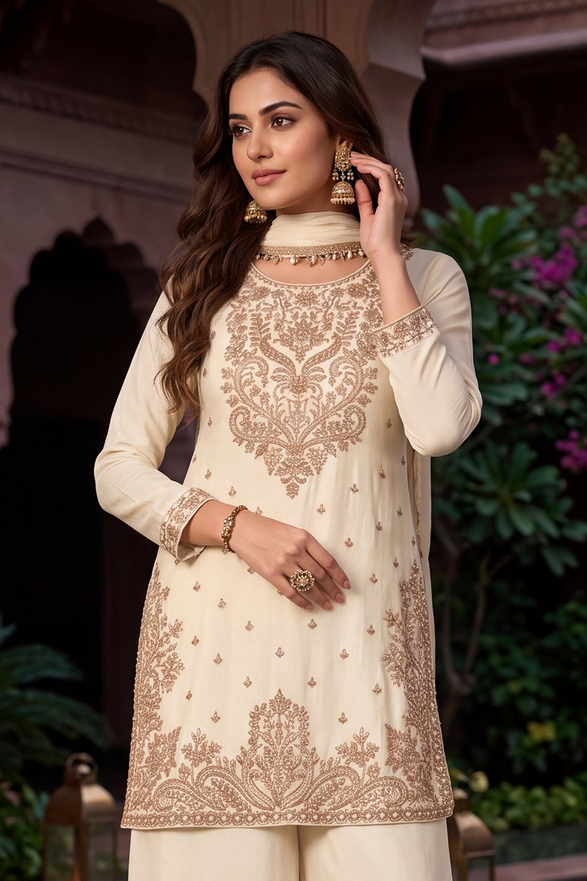 Off White Readymade Bead Work Chinon Palazzo Suit-SAR13346_2_SareeButa.com
