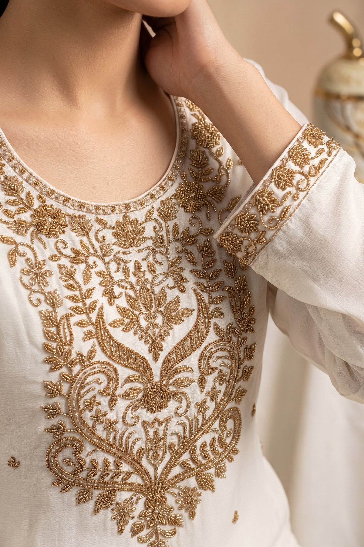 Off White Readymade Bead Work Chinon Palazzo Suit-SAR13346_4_SareeButa.com