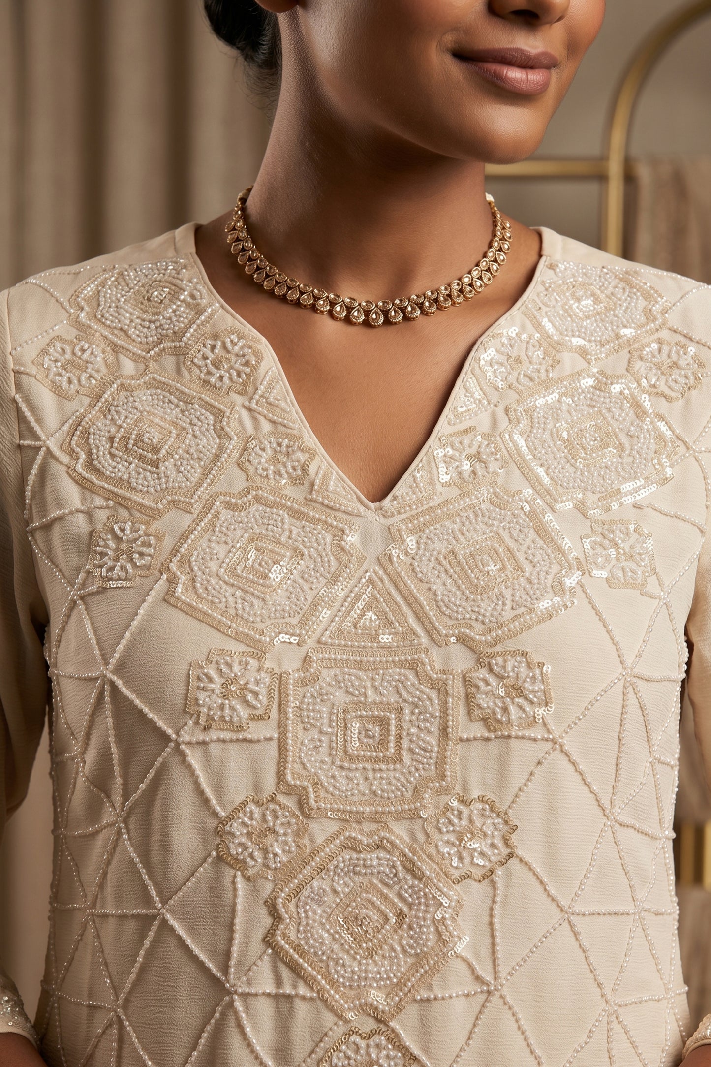 Off White Readymade Bead Work Chinon Suit-SAR13010_2_SareeButa.com