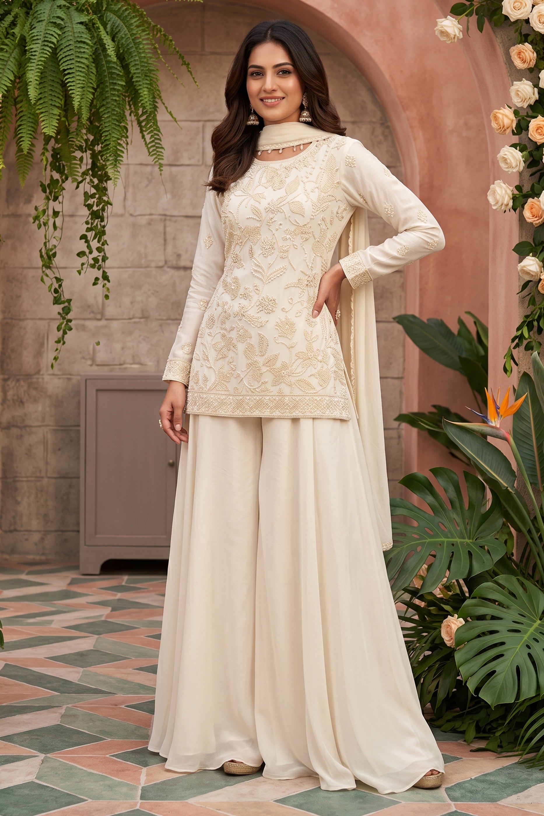 Off White Readymade Bead Work Chinon Suit-SAR13043_1_SareeButa.com