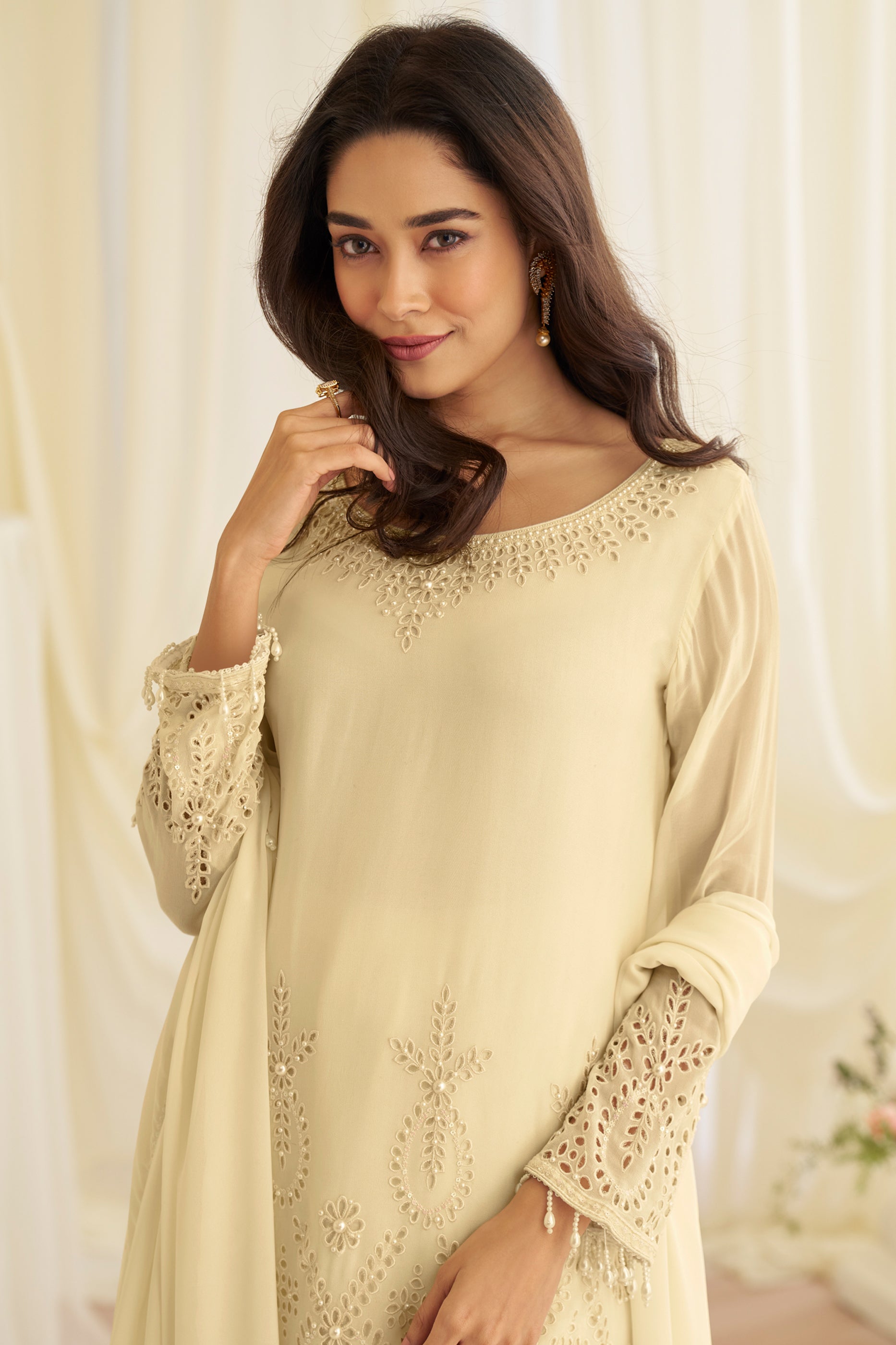 Off White Readymade Bead Work Georgette Suit-SAR11621_3_SareeButa.com