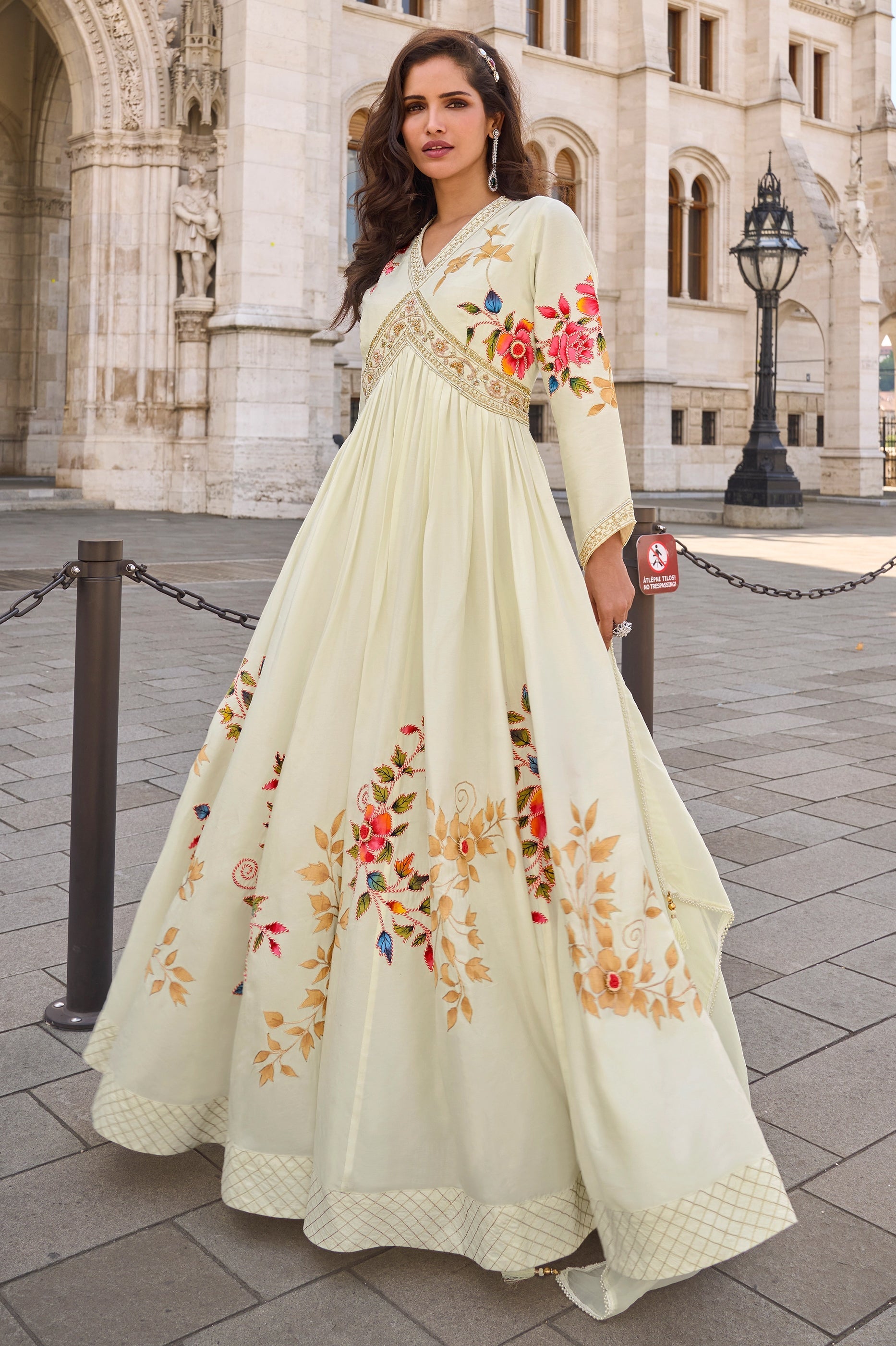 Off White Readymade Chinon Gown With Dupatta-SAR10958_1_SareeButa.com