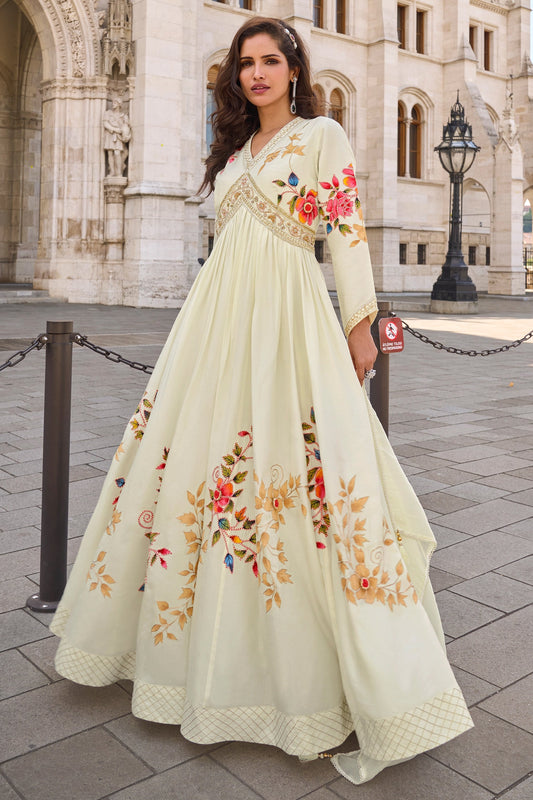 Off White Readymade Chinon Gown With Dupatta-SAR10958_1_SareeButa.com