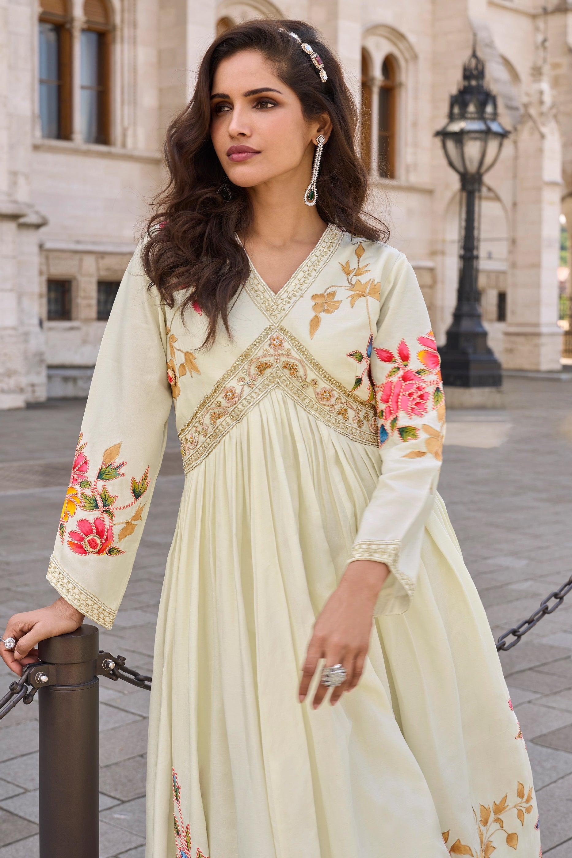 Off White Readymade Chinon Gown With Dupatta-SAR10958_2_SareeButa.com