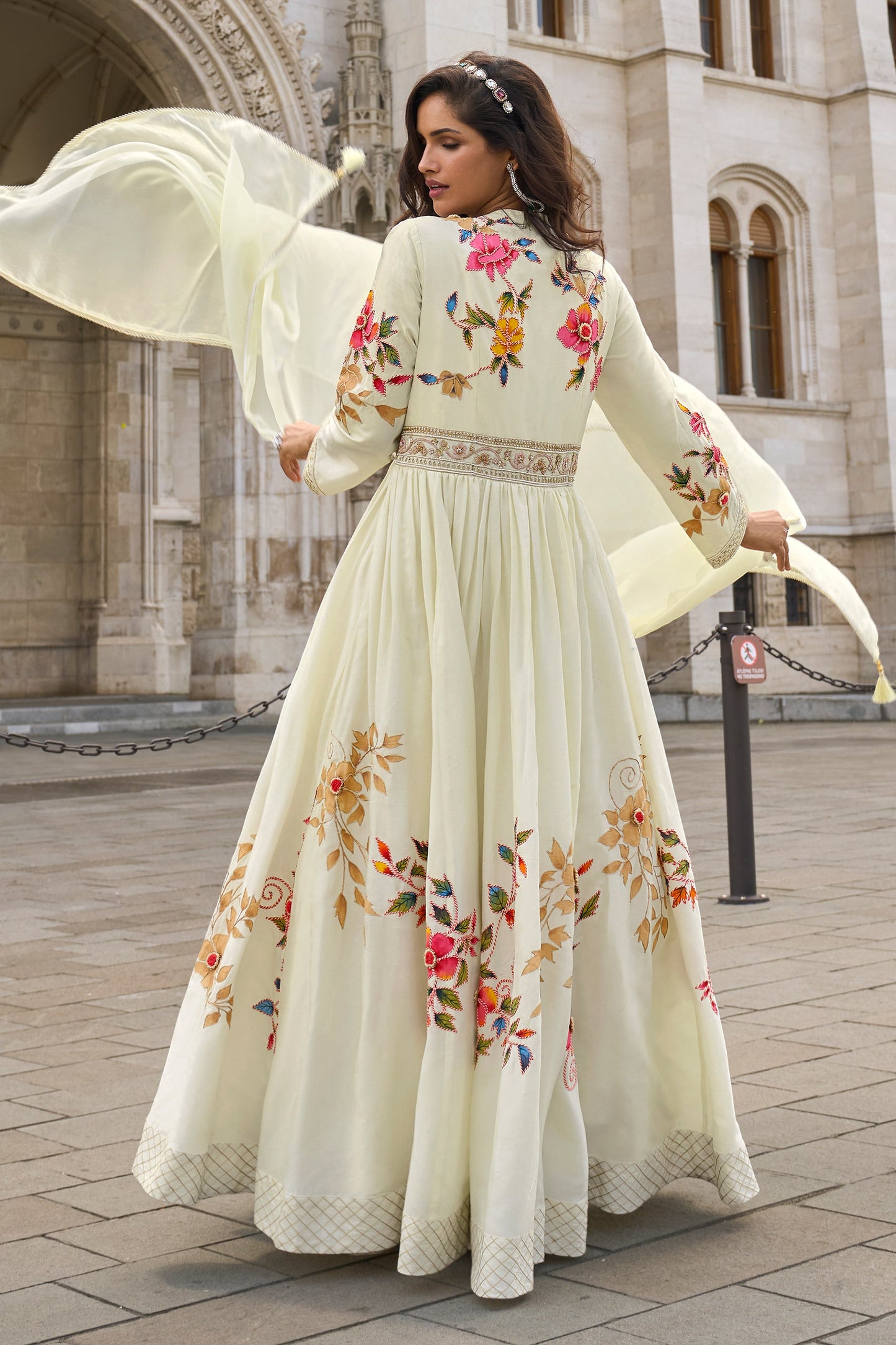 Off White Readymade Chinon Gown With Dupatta-SAR10958_3_SareeButa.com