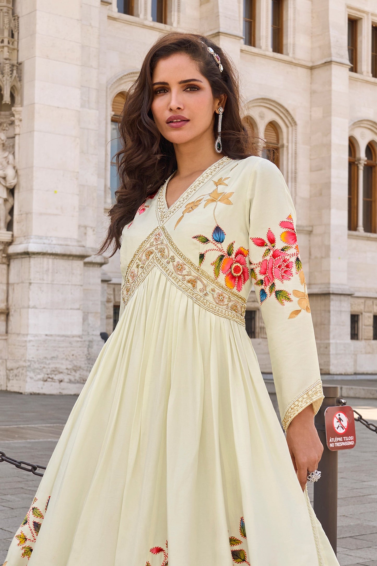 Off White Readymade Chinon Gown With Dupatta-SAR10958_4_SareeButa.com