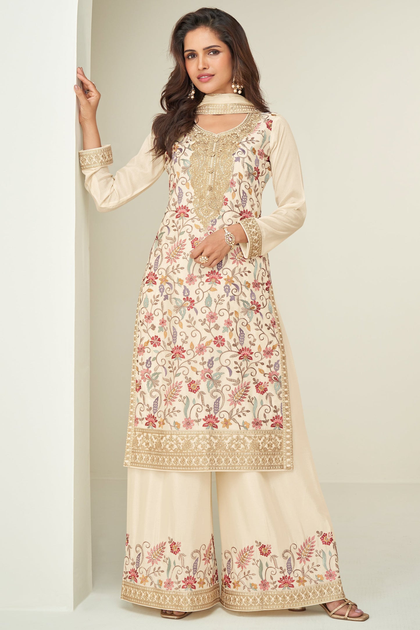 Off White Readymade Embroidered Chinnon Silk Suit-SAR10677_1_SareeButa.com