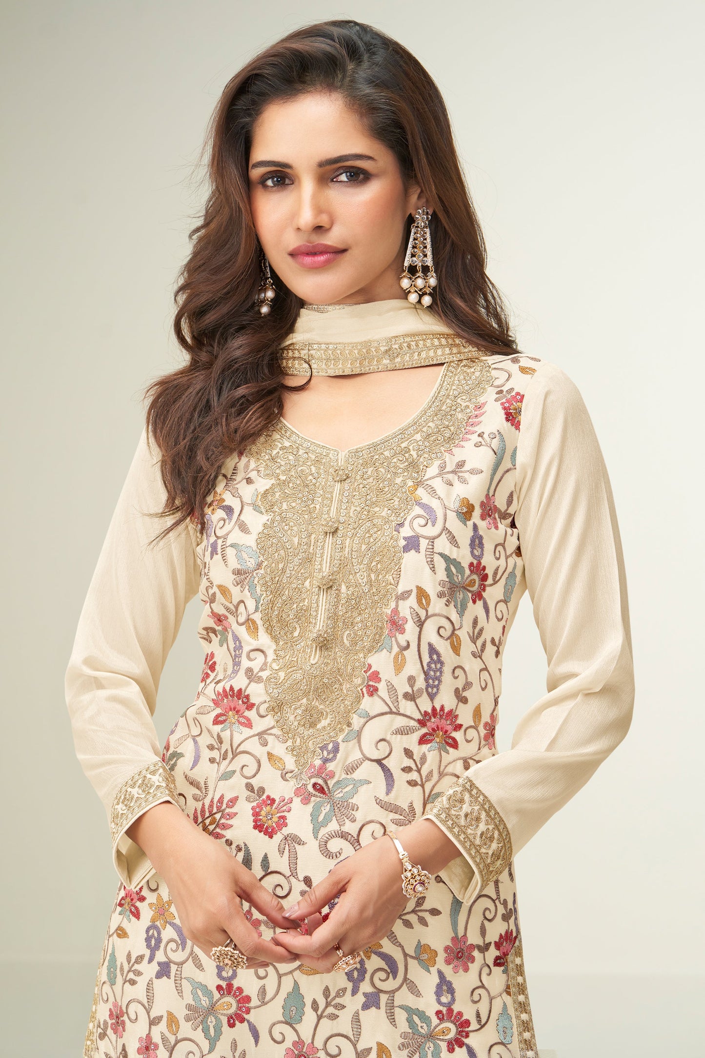 Off White Readymade Embroidered Chinnon Silk Suit-SAR10677_2_SareeButa.com