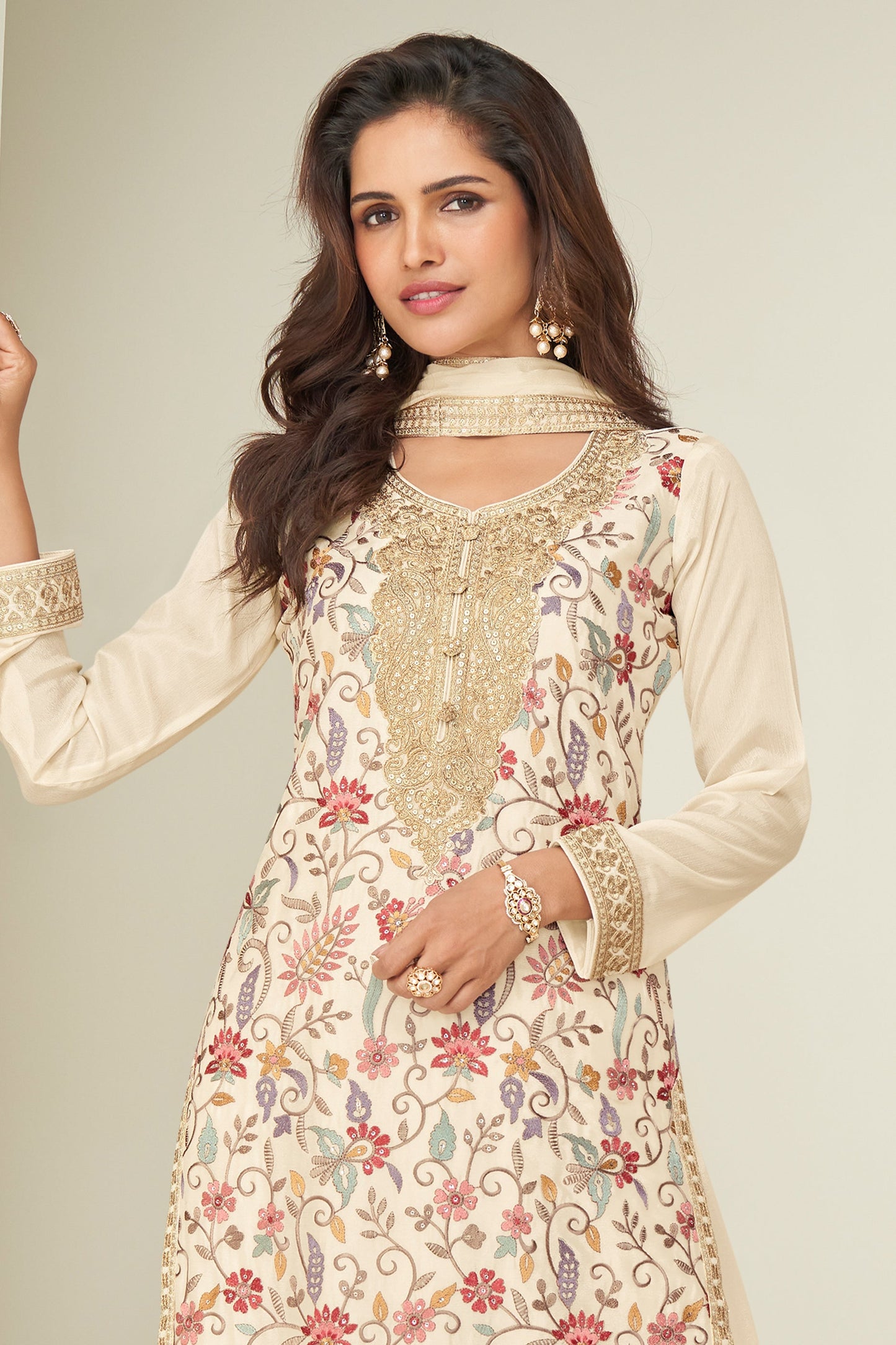 Off White Readymade Embroidered Chinnon Silk Suit-SAR10677_3_SareeButa.com