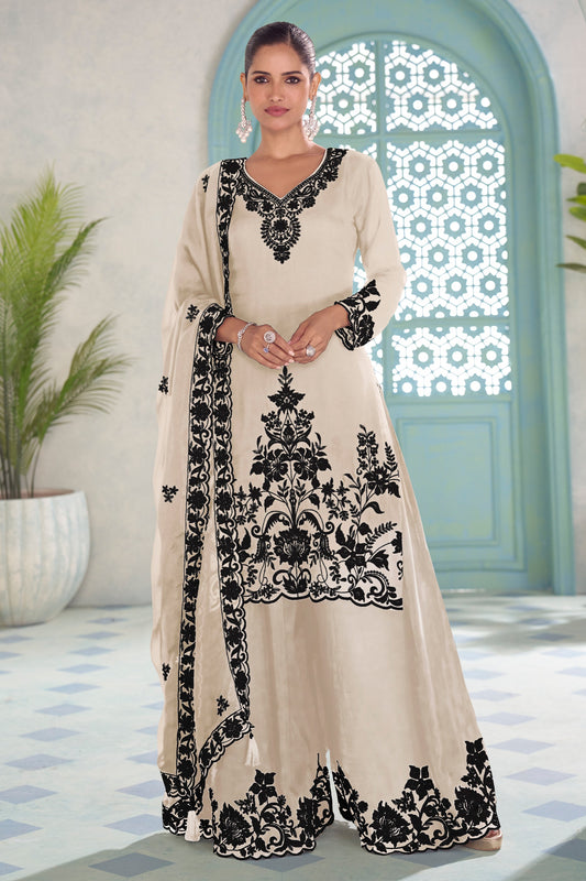 Off White Readymade Embroidered Chinon Palazzo Suit-SAR11575_1_SareeButa.com